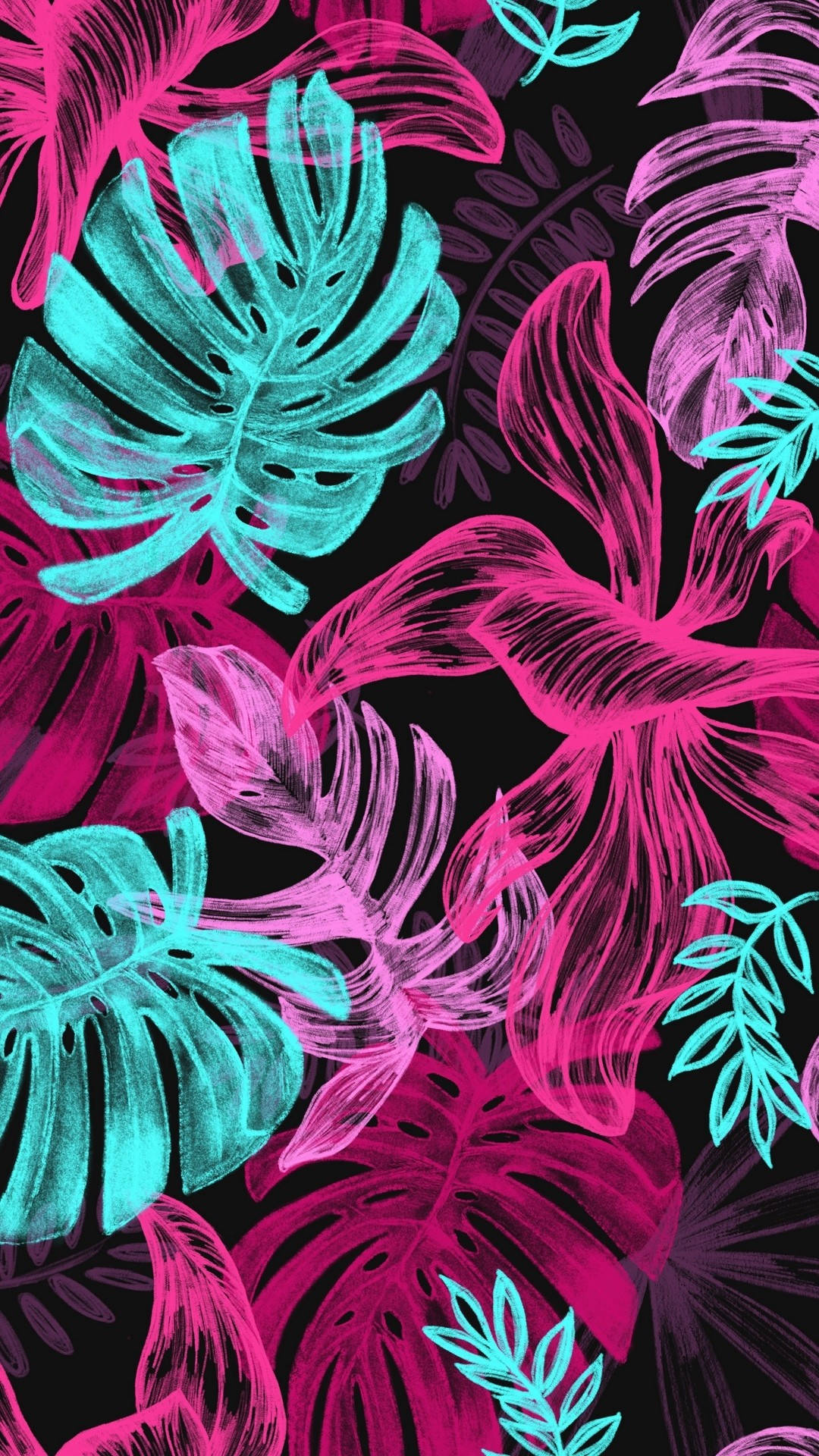 lilly 桌布 壁紙 — 充滿活力的螢光粉紅和藍綠色熱帶葉子，帶有素描般的輪廓，在純黑背景上格外突出。