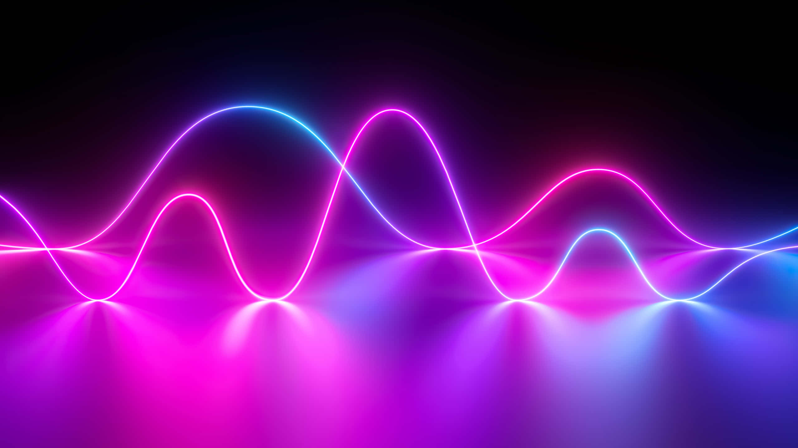 Neon Lights Aesthetic 桌布 壁紙 — 充滿活力的螢光粉紅和藍色發光波浪線在黑暗的反射表面上彎曲，創造出未來主義的數位藝術場景。