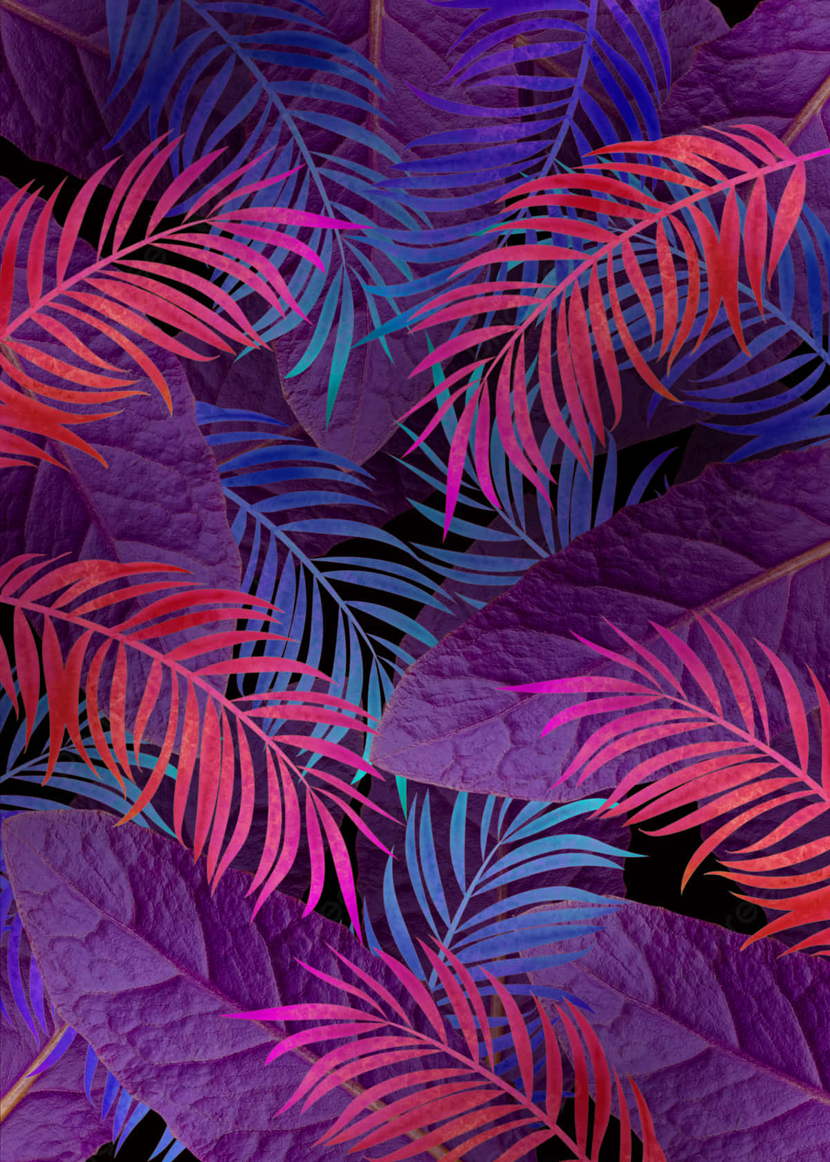 Palm Leaves 桌布 壁紙 — 充滿活力的螢光粉紅和電光藍棕櫚葉在黑色背景上與深紫色紋理葉片重疊。