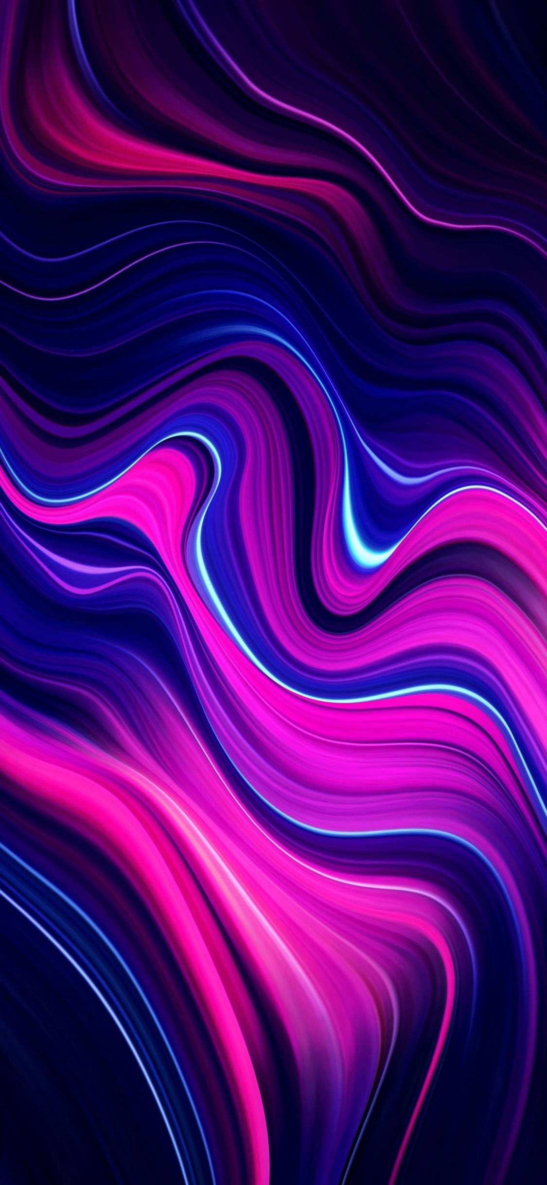 AMOLED 4K 桌布 壁紙 — 充滿活力的螢光粉紅和電光藍波浪在深邃的宇宙紫色背景上動態流動。
