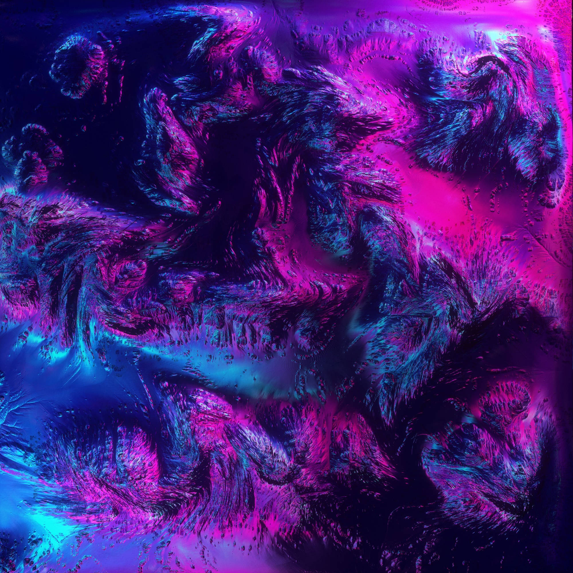 桌布 壁紙 — 充滿活力的螢光粉紅和電光藍色碎形圖案在迷人的數位抽象構圖中旋轉。
