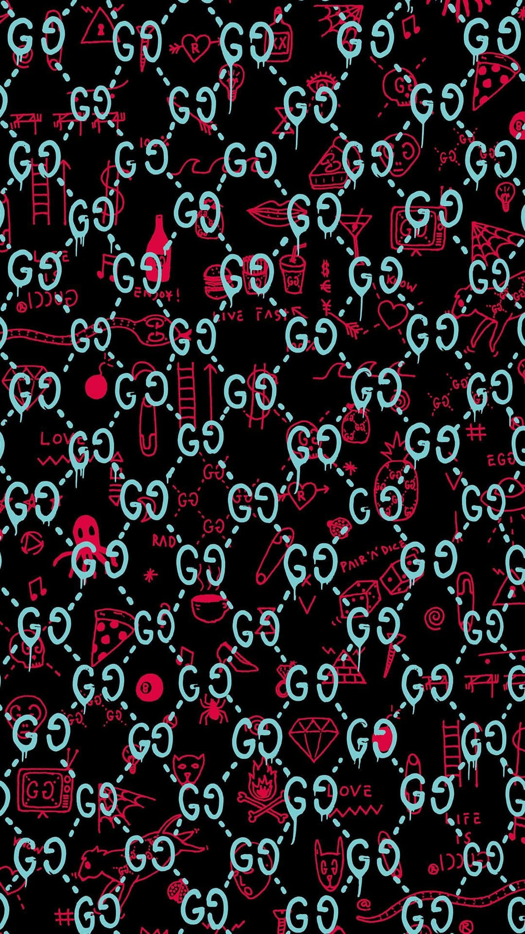 Gucci 桌布 壁紙 — 充滿活力的螢光粉紅和青色塗鴉風格圖標在黑色背景上以混亂的模式重複。