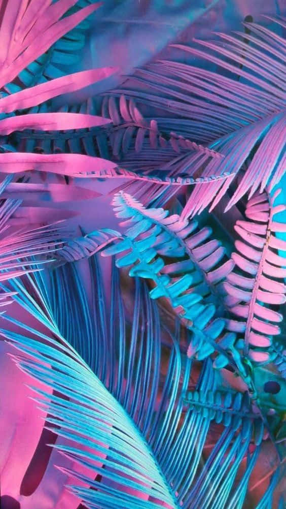 Neon Aesthetic Phone 桌布 壁紙 — 充滿活力的螢光粉紅和青色棕櫚葉重疊，形成超現實的熱帶抽象構圖。