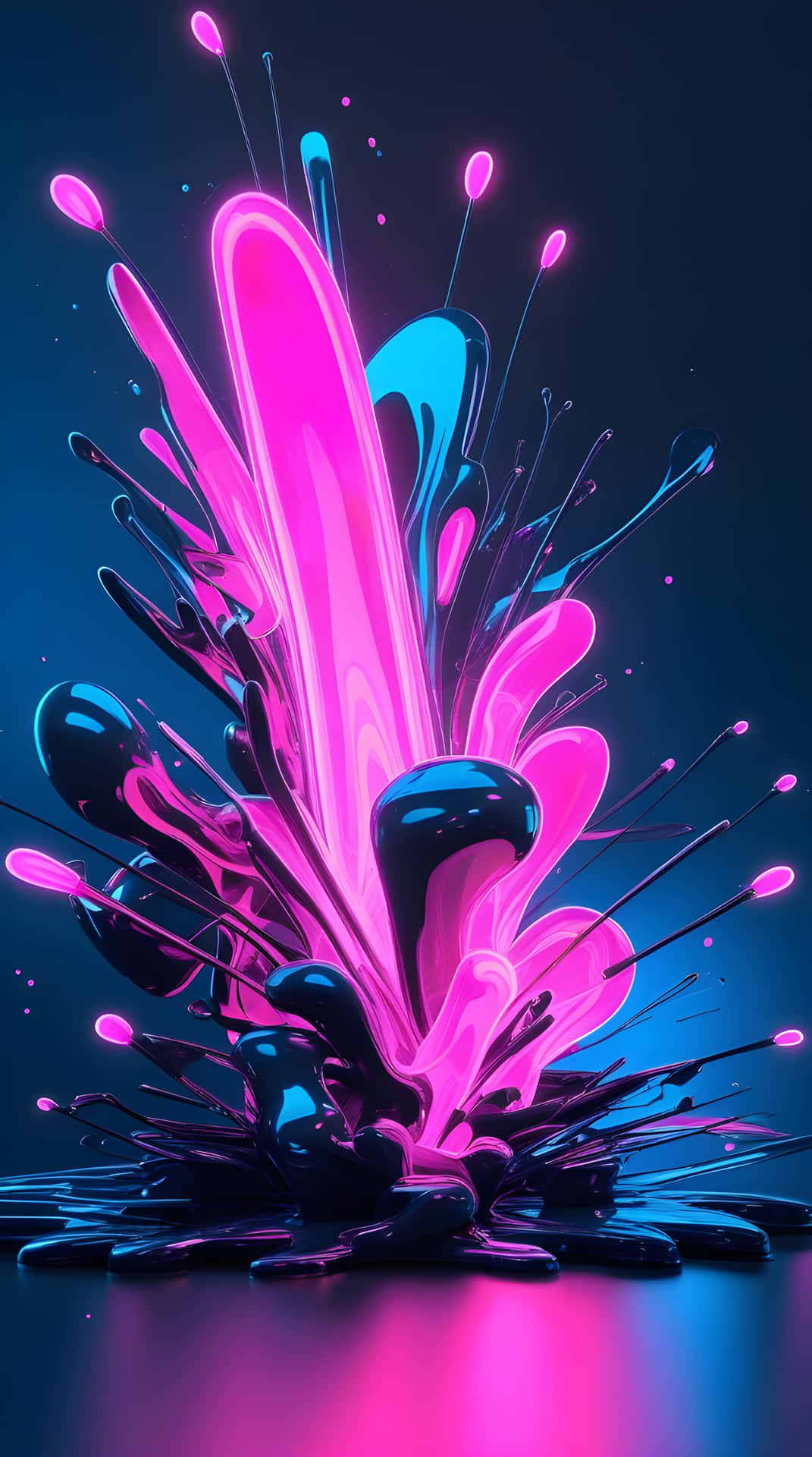 Very beautiful colourful abstract wallpaper 壁紙 — 充滿活力的螢光粉紅和青色液體飛濺在深藍色背景上向上爆炸，帶有發光的水滴。