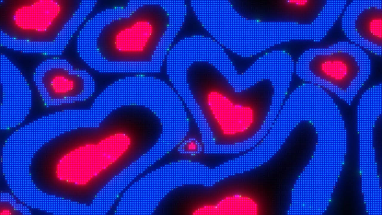 Y2k Heart 桌布 壁紙 — 充滿活力的螢光粉紅心形在像素化藍色背景上發光，形成動態數位圖案。