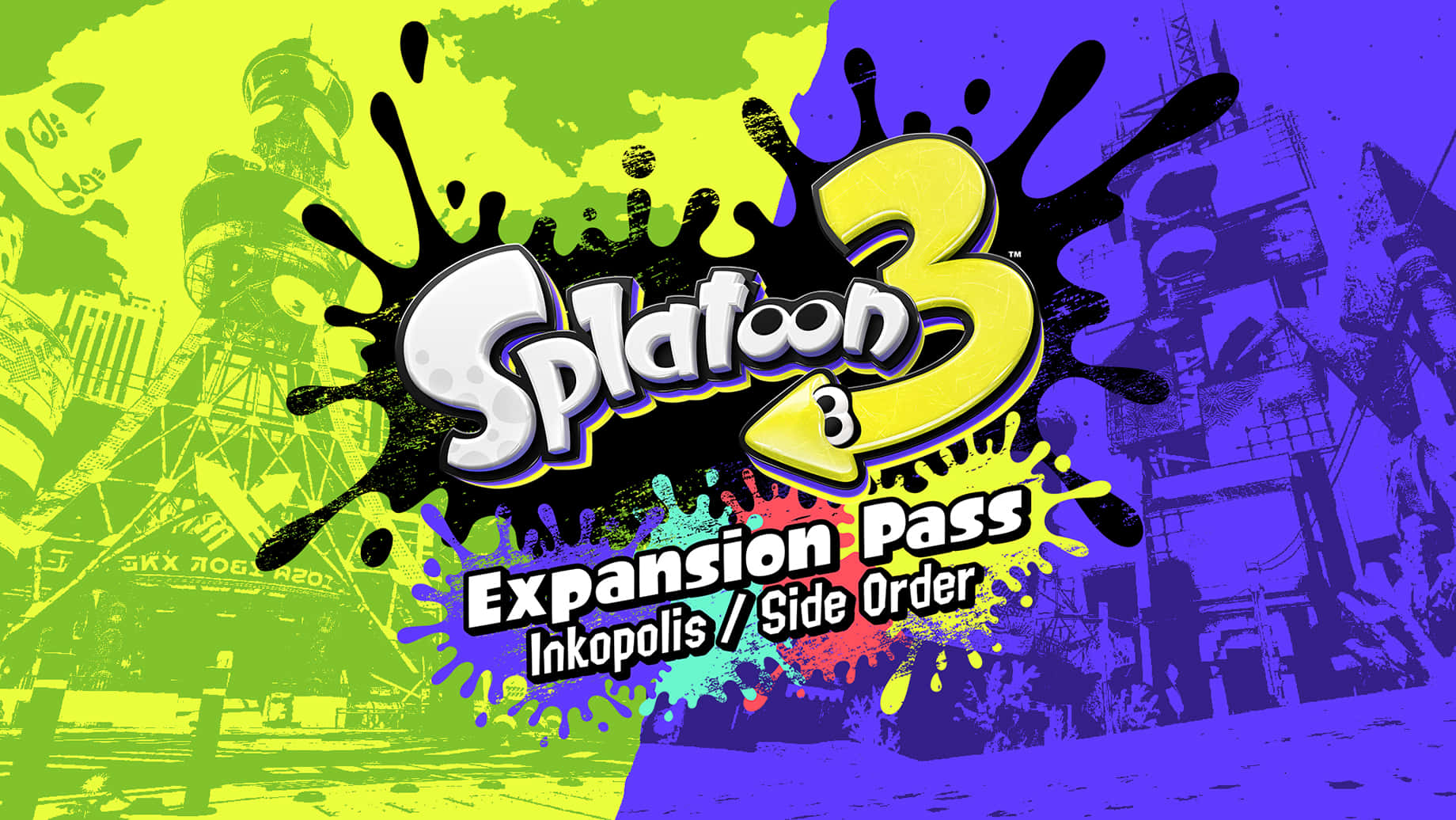 斯普拉遁 桌布 壁紙 — 充滿活力的螢光綠和紫色背景，帶有粗體的Splatoon 3標誌和墨水飛濺效果。