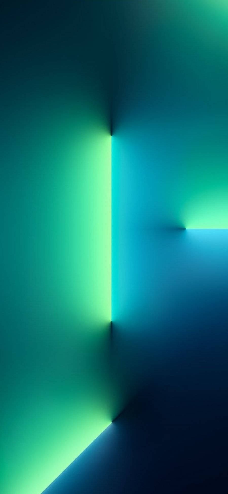 Neon iPhone 桌布 壁紙 — 充滿活力的螢光綠和藍色光束照亮了一個帶有柔和漸變和銳利角度的極簡幾何空間。