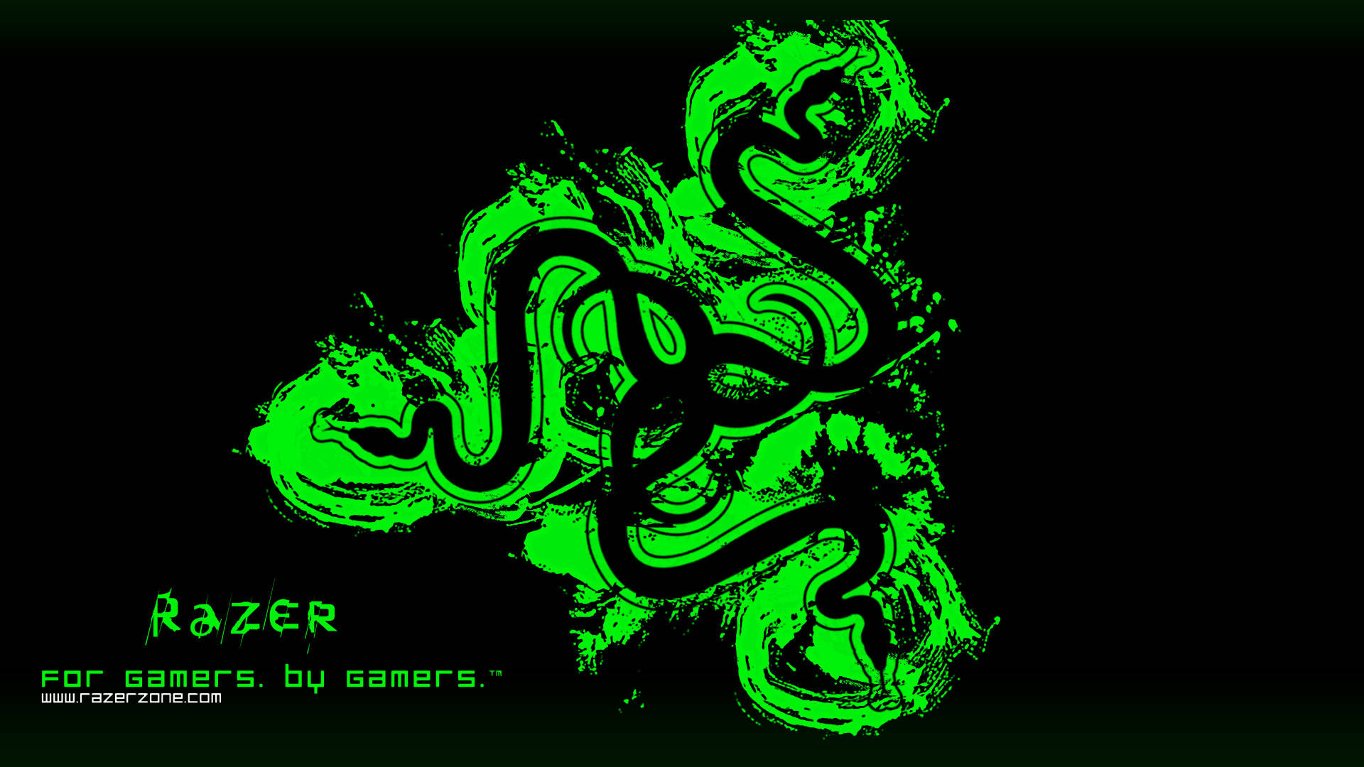 標誌 桌布 壁紙 — 充滿活力的螢光綠色 Razer 標誌在純黑色背景上動態飛濺，下方有粗體文字。