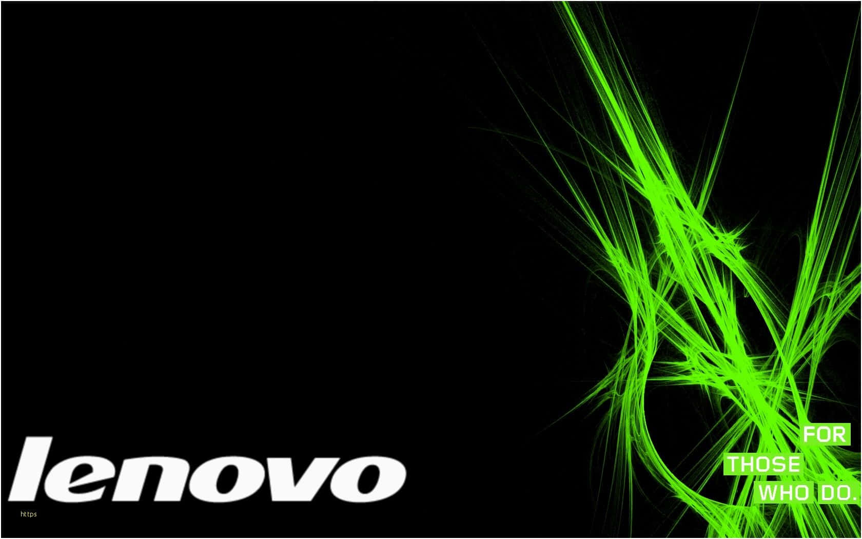 Lenovo 桌布 壁紙 — 充滿活力的螢光綠色分形線條在黑色背景上爆發，帶有白色 Lenovo 標誌和標語。