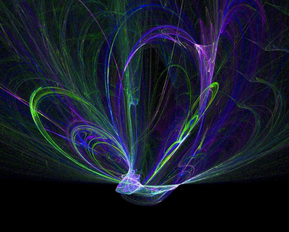 Magnetic Field 桌布 壁紙 — 充滿活力的螢光綠色和紫色碎形觸手在漆黑的虛空中動態旋轉，營造出超凡脫俗的宇宙之舞。