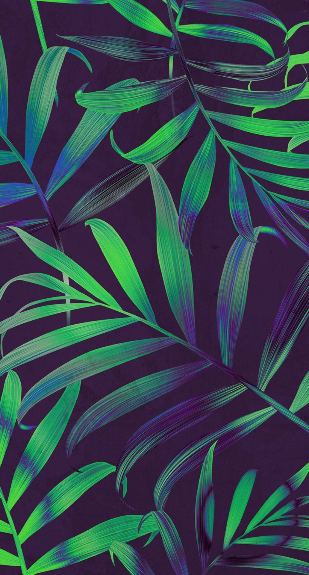 Leaves 桌布 壁紙 — 充滿活力的螢光綠色棕櫚葉帶有電光藍色漸變，在深紫色背景上漂浮，呈現數位藝術風格。