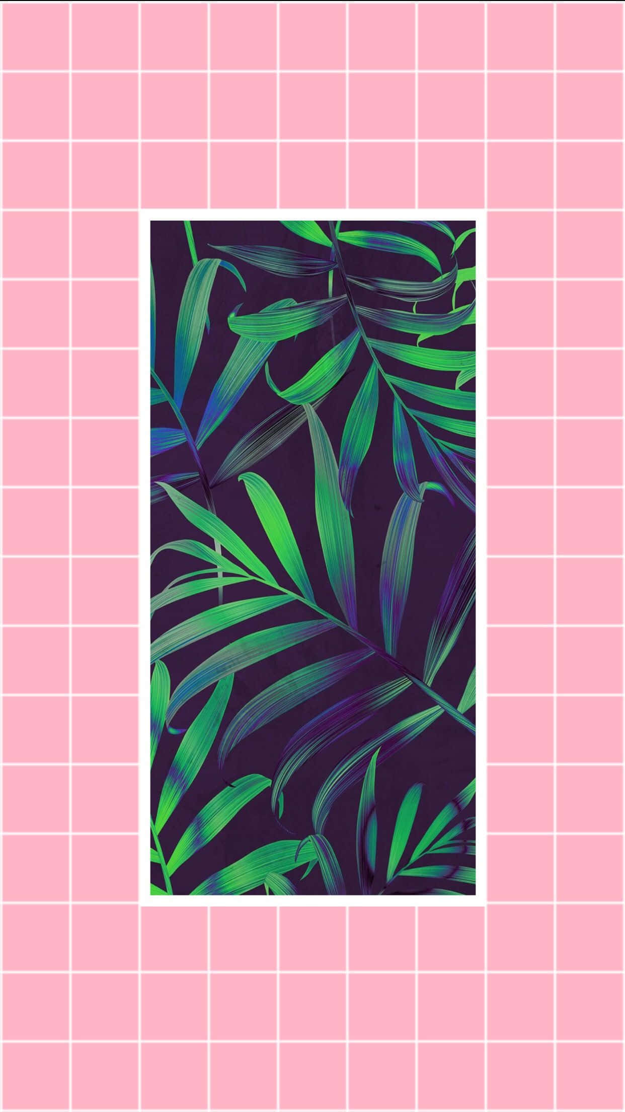美學手機 桌布 壁紙 — 充滿活力的螢光綠色棕櫚葉與深紫色背景形成對比，背景由柔和的粉紅色網格圖案框住。