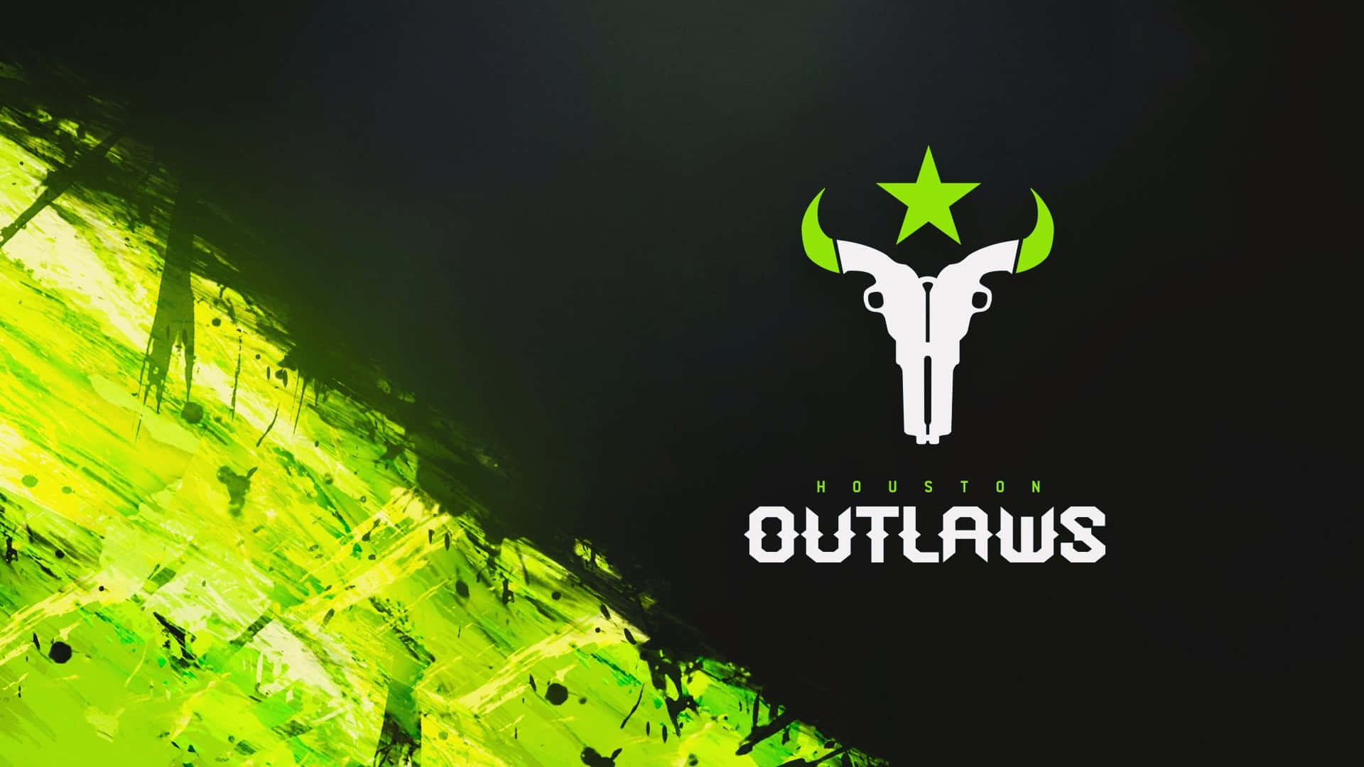 Overwatch League 桌布 壁紙 — 充滿活力的螢光綠色油漆飛濺與黑色背景形成對比，背景上有一個白色公牛頭骨標誌，帶有綠色角和星星，位於文字 Houston Outlaws 上方。