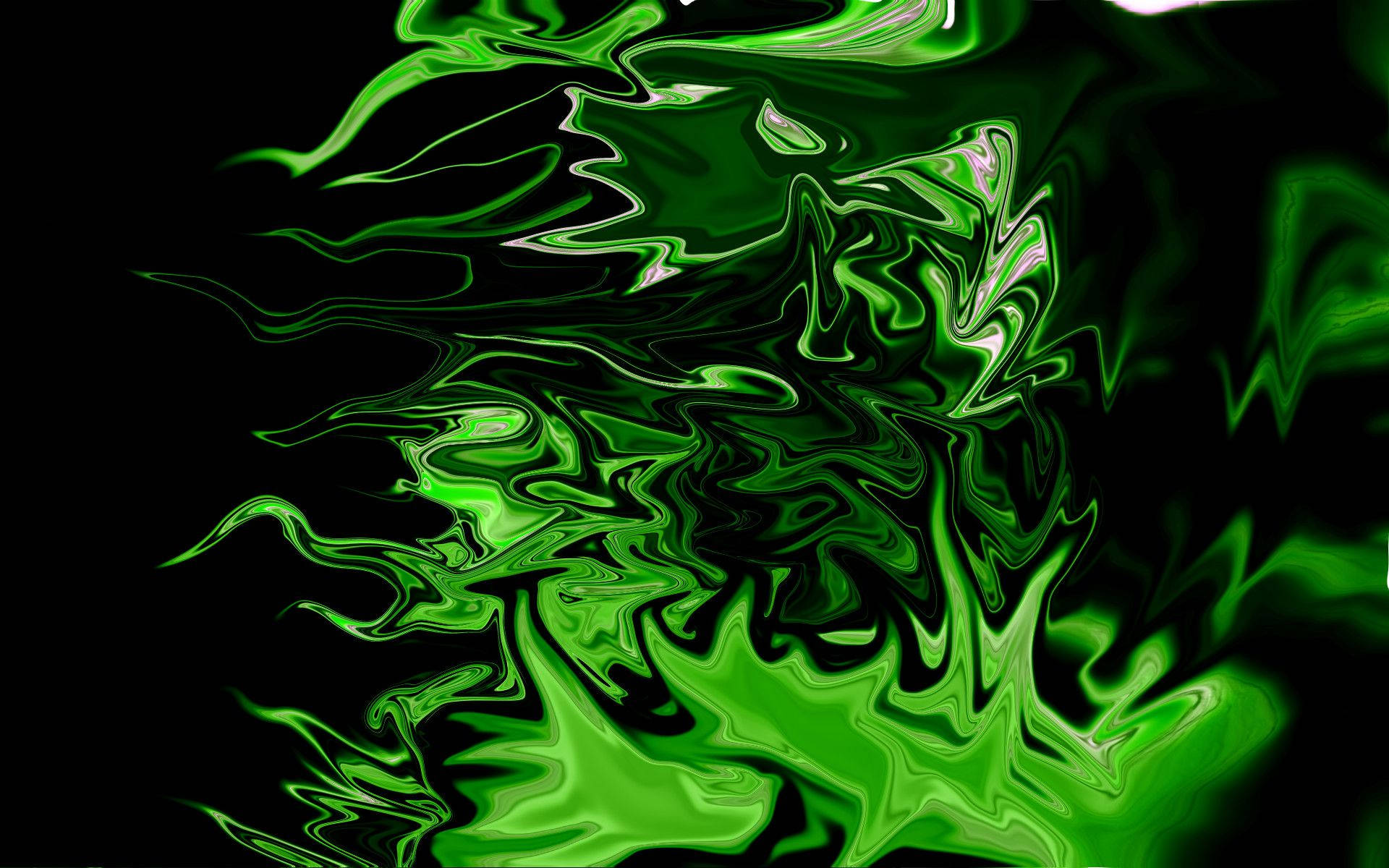 Green Fire Skull 桌布 壁紙 — 充滿活力的螢光綠色液體在純黑色背景上動態旋轉，營造出迷人的數位抽象動感。