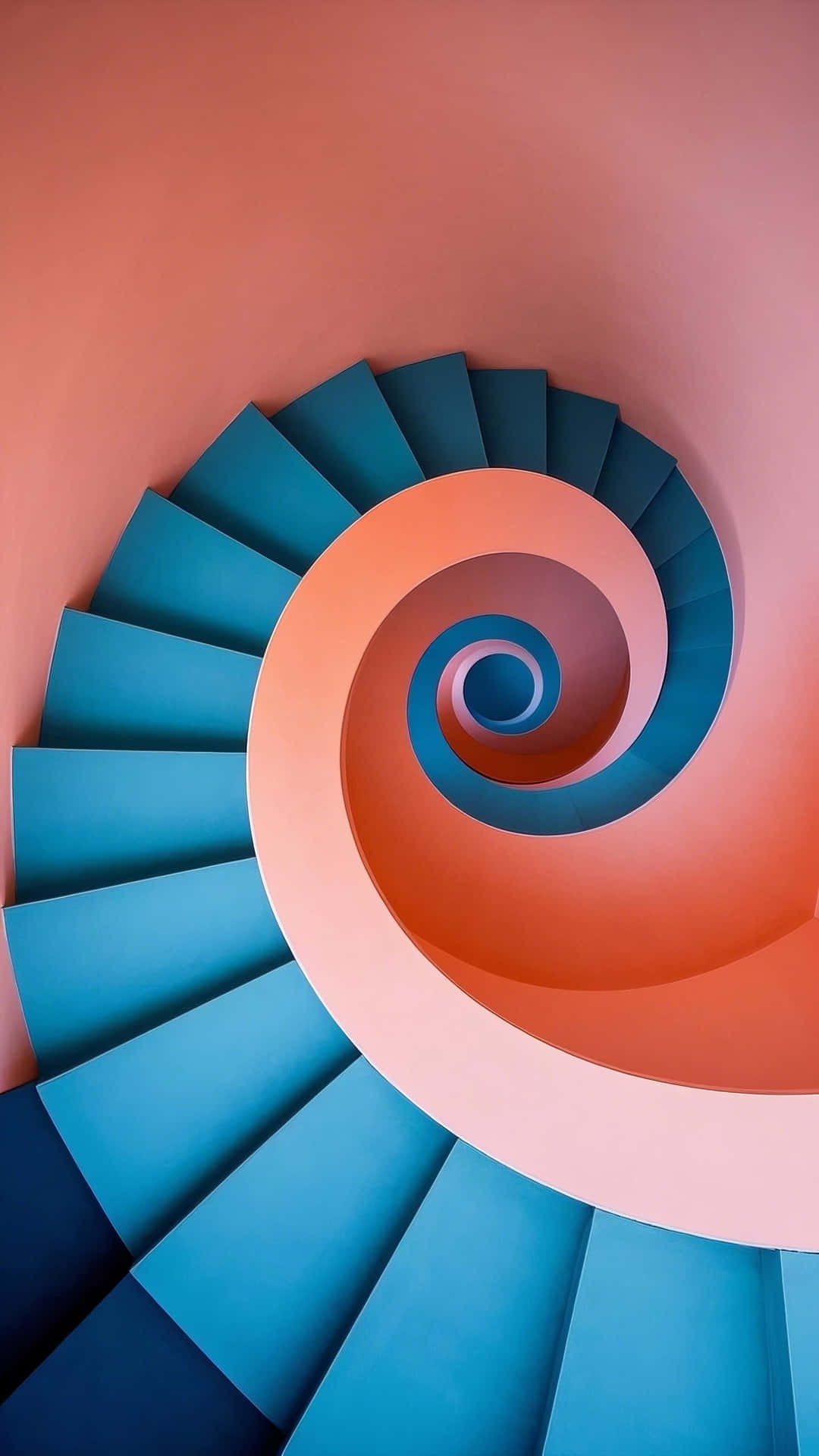 playful spiral staircase with bold color contrast 壁紙 — 充滿活力的螺旋樓梯，青綠色的台階和珊瑚色的牆壁向內彎曲，形成催眠般的幾何圖案。