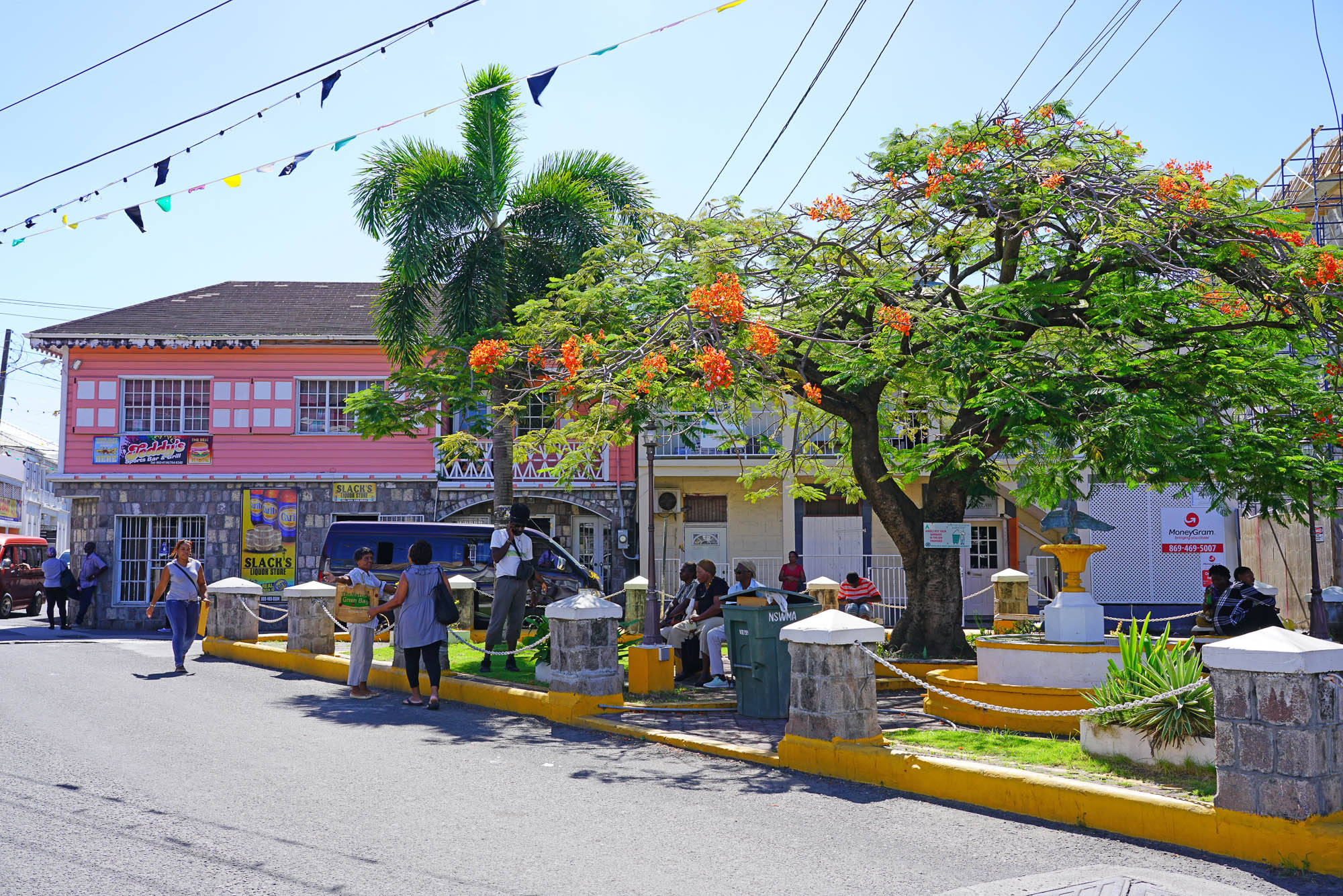 Town 桌布 壁紙 — 充滿活力的街景，人們在晴朗的藍天下漫步經過粉紅色建築，周圍有彩色旗幟和一棵開滿橙色花朵的樹。