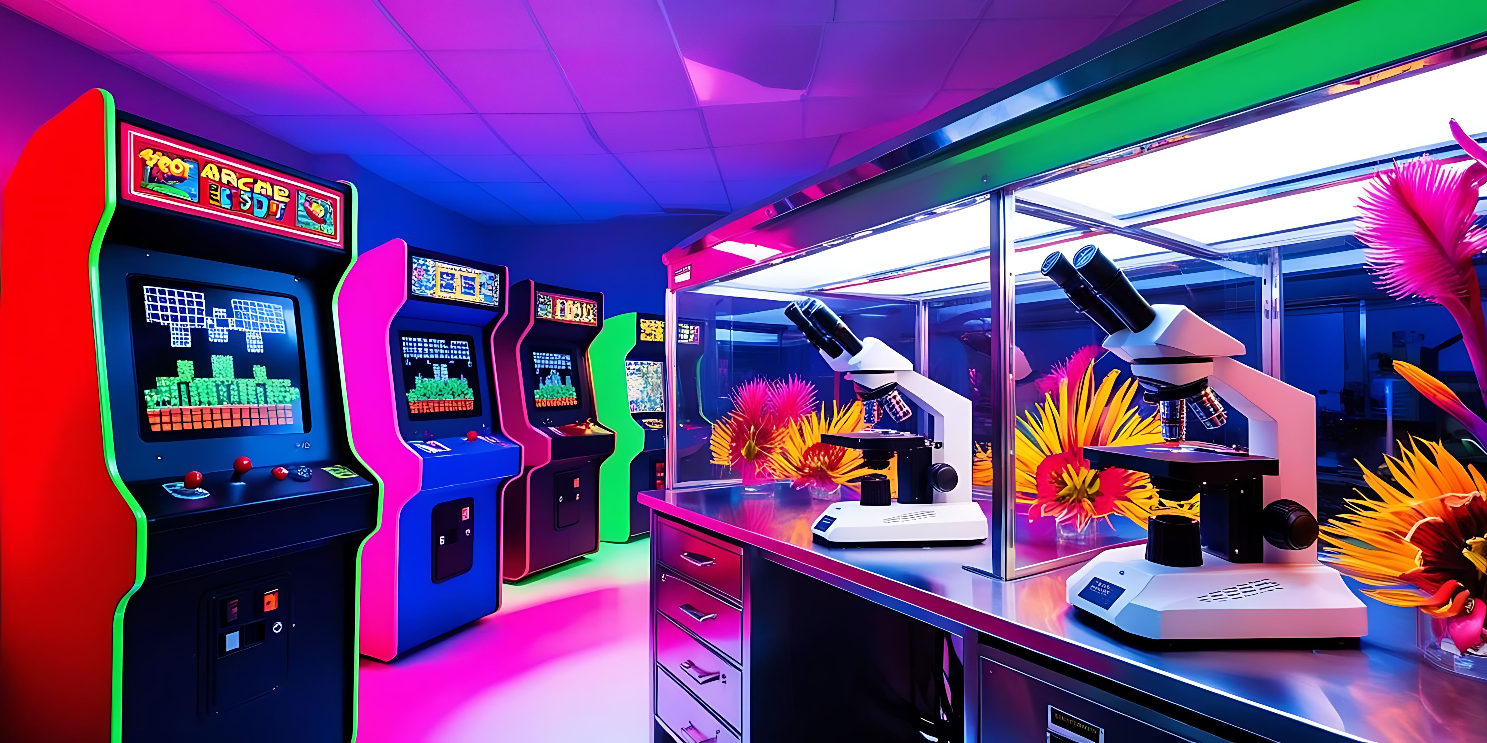 Retro 桌布 壁紙 — 充滿活力的街機在霓虹燈下與顯微鏡並排發光，熱帶花朵點綴在超現實的實驗室環境中。