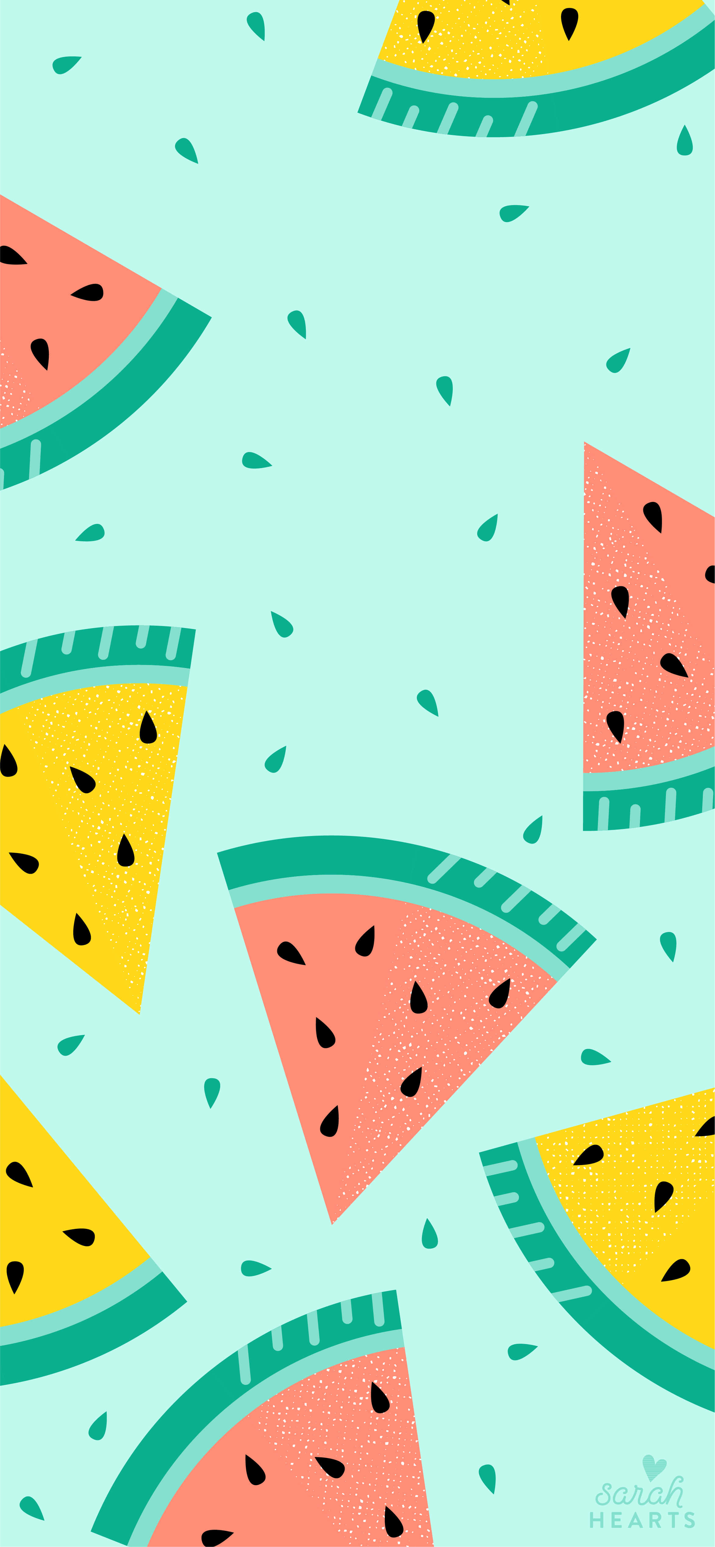 Watermelon iPhone 桌布 壁紙 — 充滿活力的西瓜片，帶有黑色種子，漂浮在薄荷綠色背景上，點綴著小葉子。