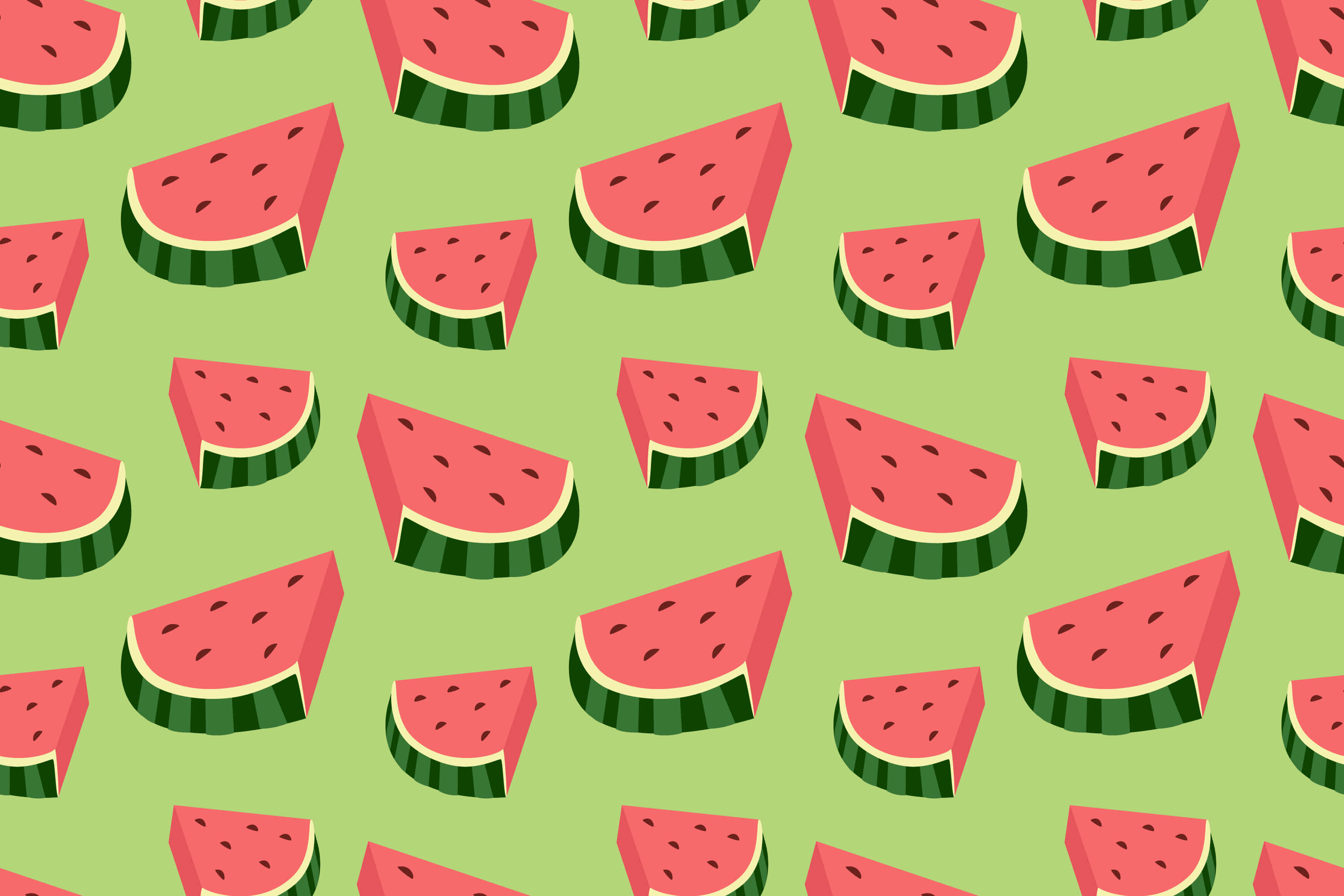 Fruit 桌布 壁紙 — 充滿活力的西瓜片，帶有黑色種子和綠色外皮，在淺綠色背景上以俏皮的圖案重複。