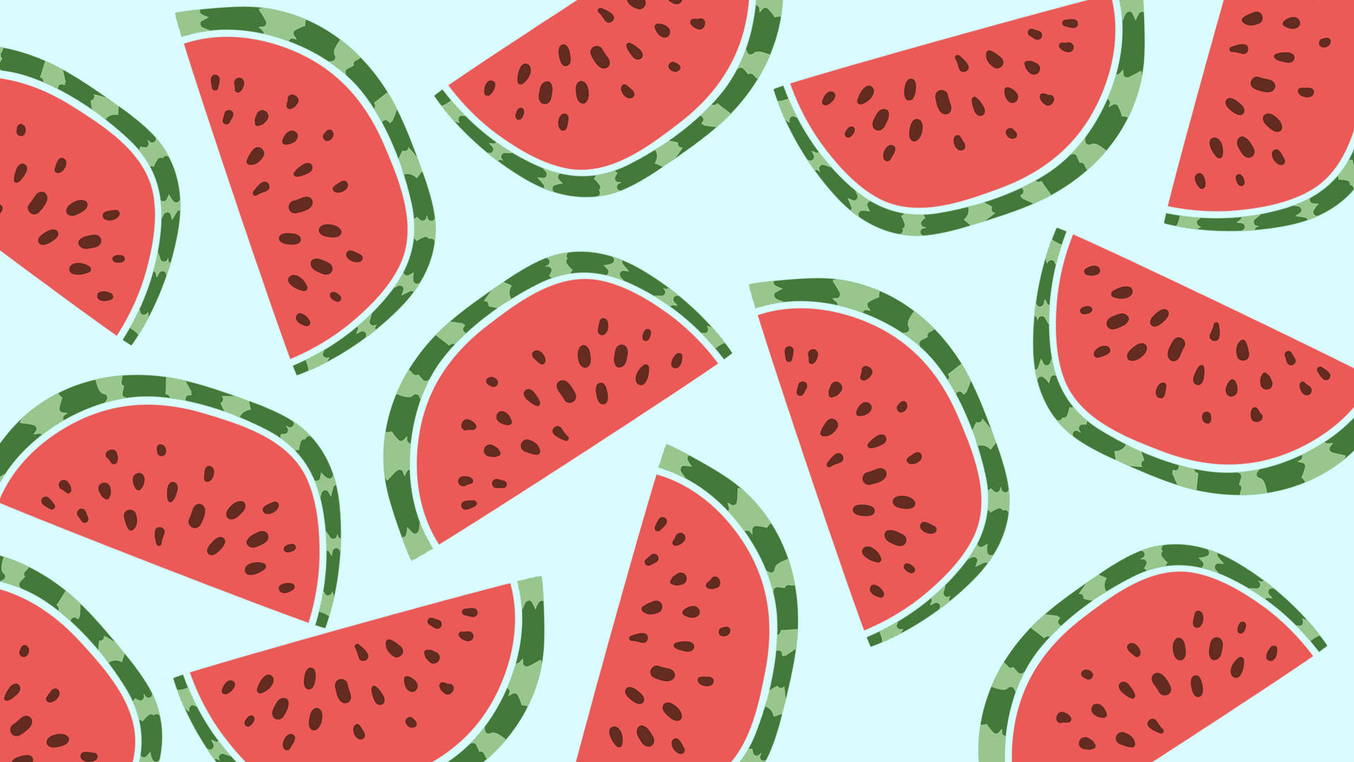 Watermelon 桌布 壁紙 — 充滿活力的西瓜片，帶有黑色種子和綠色外皮，漂浮在柔和的藍色背景上，形成有趣的重复圖案。