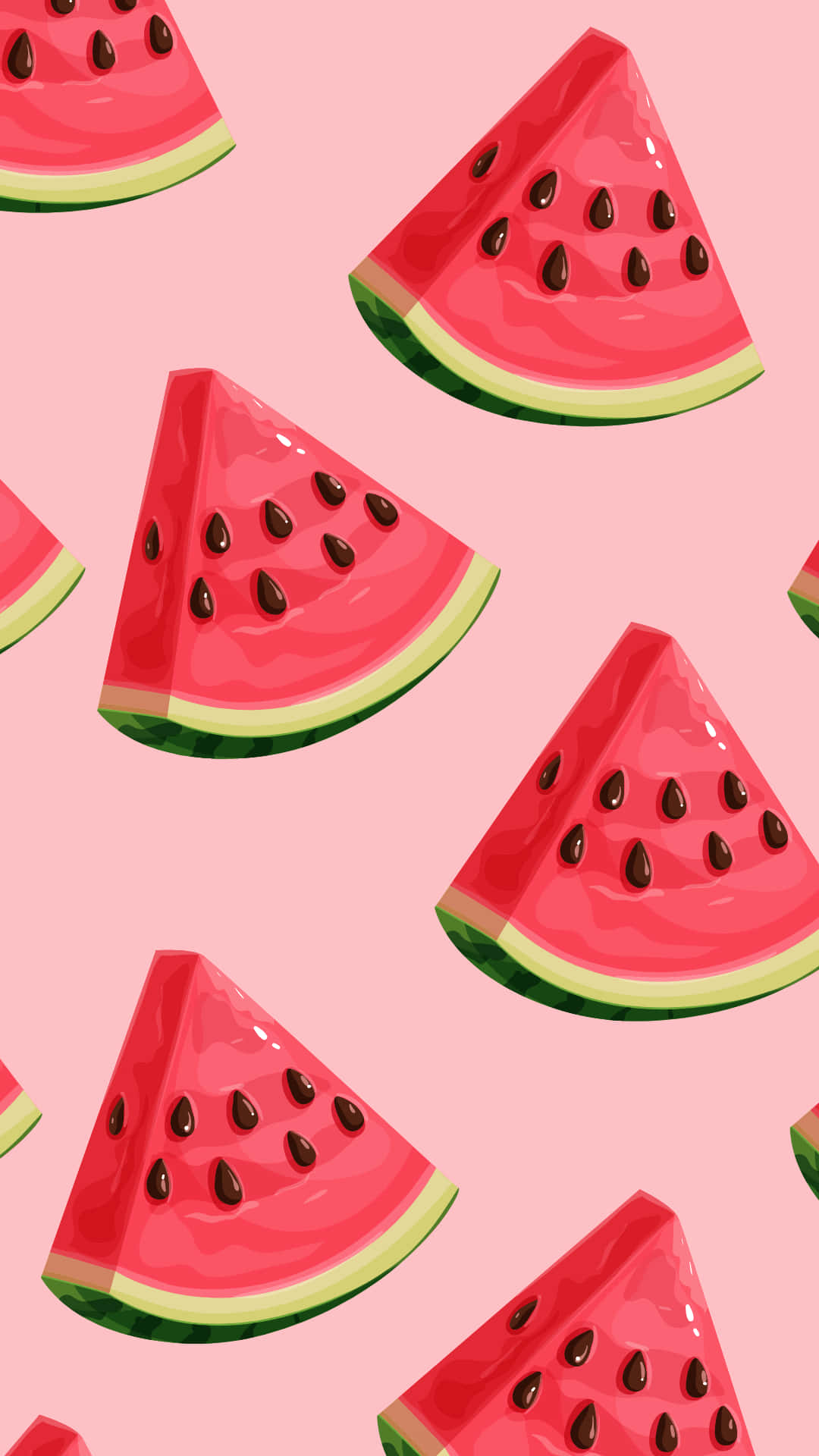 Trendy Summer iPhone 桌布 壁紙 — 充滿活力的西瓜片帶有黑色種子，漂浮在柔和的粉紅色背景上，形成有趣的重复圖案。