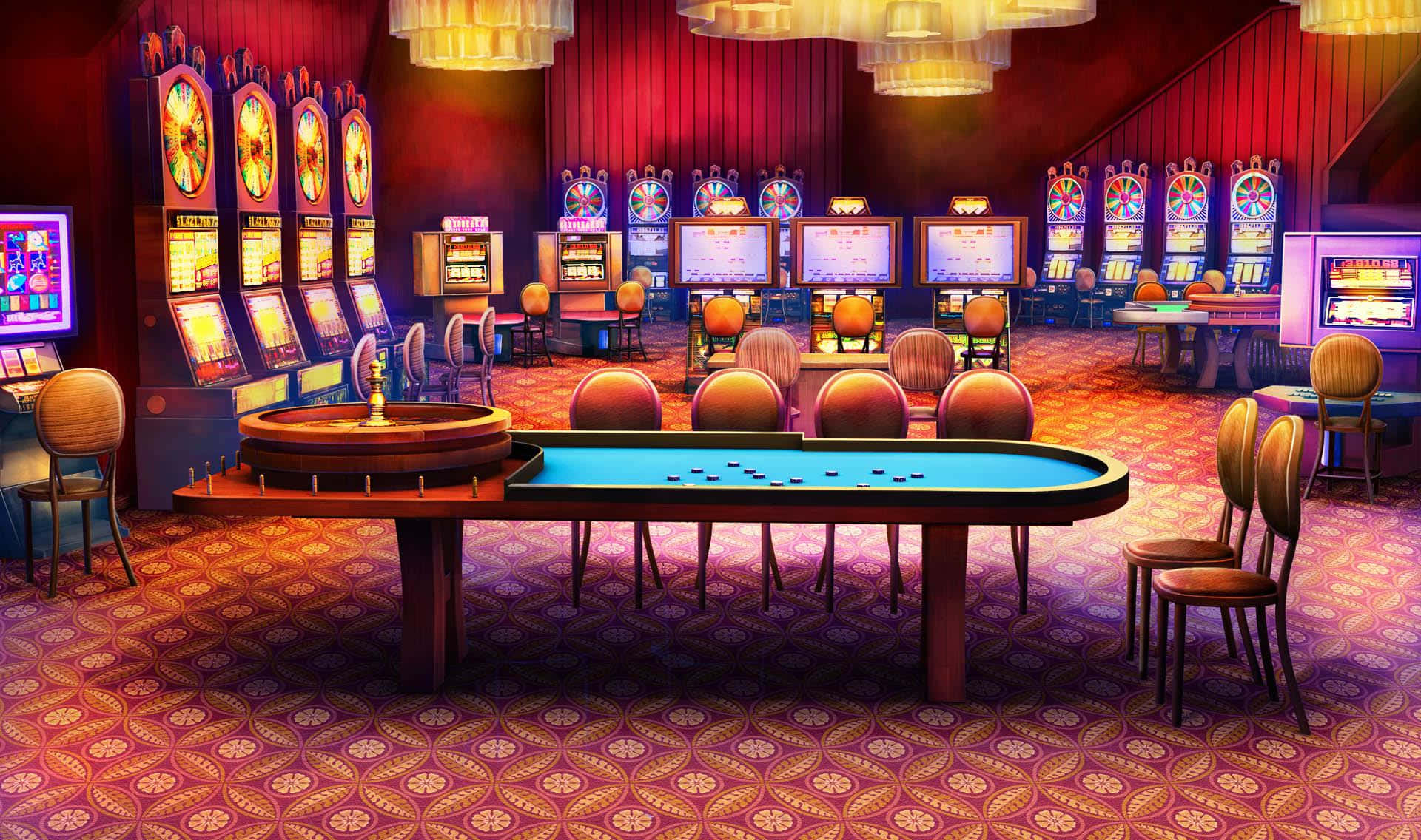 Casino 桌布 壁紙 — 充滿活力的賭場內部，在溫暖的吊燈下閃爍著老虎機和輪盤賭桌。