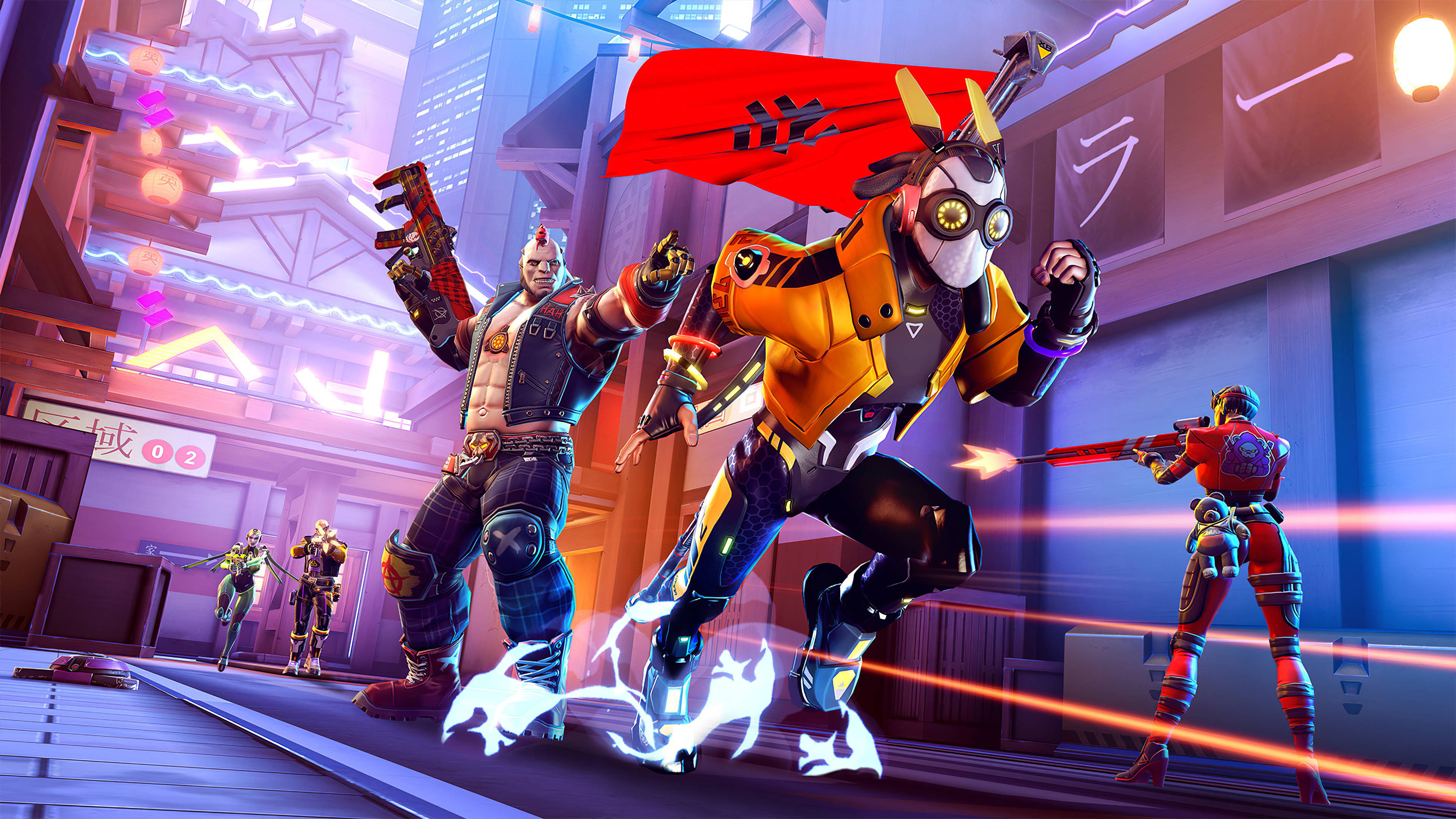 game 桌布 壁紙 — 充滿活力的賽博龐克英雄在霓虹燈閃爍的未來城市街道上擺出動態戰鬥姿勢，伴隨著發光的能量效果。