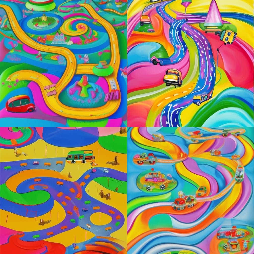 Retro 桌布 壁紙 — 充滿活力的超現實景觀，蜿蜒的彩虹道路和玩具車在奇幻多彩的地形中行駛。