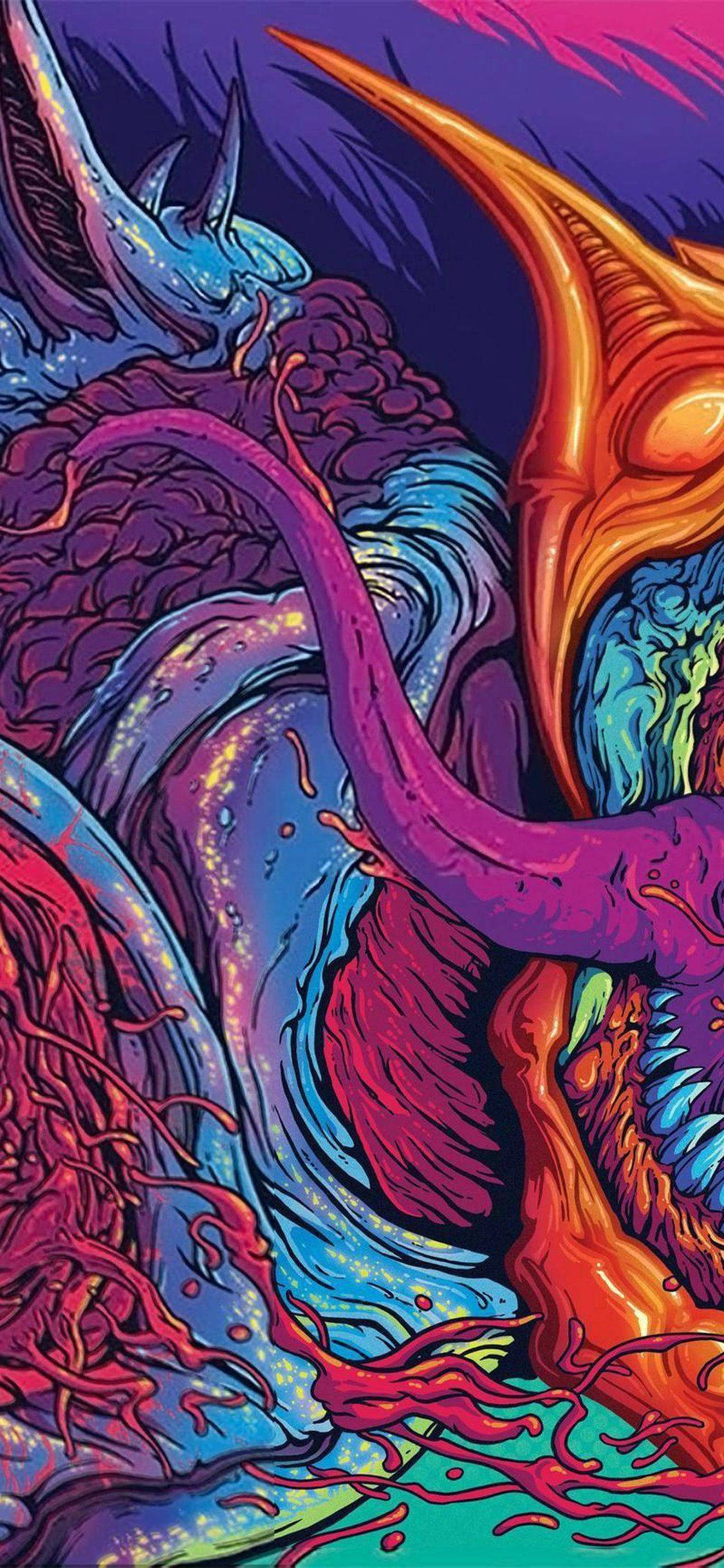 迷幻動圖 桌布 壁紙 — 充滿活力的超現實生物，發光的角和流動的觸手，在霓虹色彩的迷幻數位藝術爆炸中碰撞。