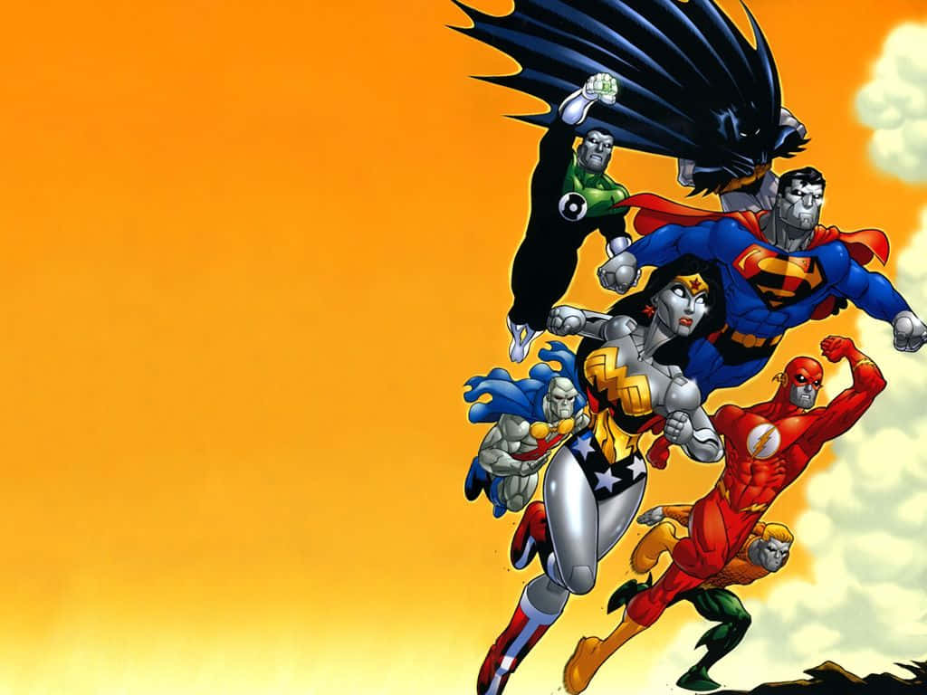Justice League Unlimited 桌布 壁紙 — 充滿活力的超級英雄團隊以大膽的漫畫藝術風格在鮮豔的橙色天空中翱翔。