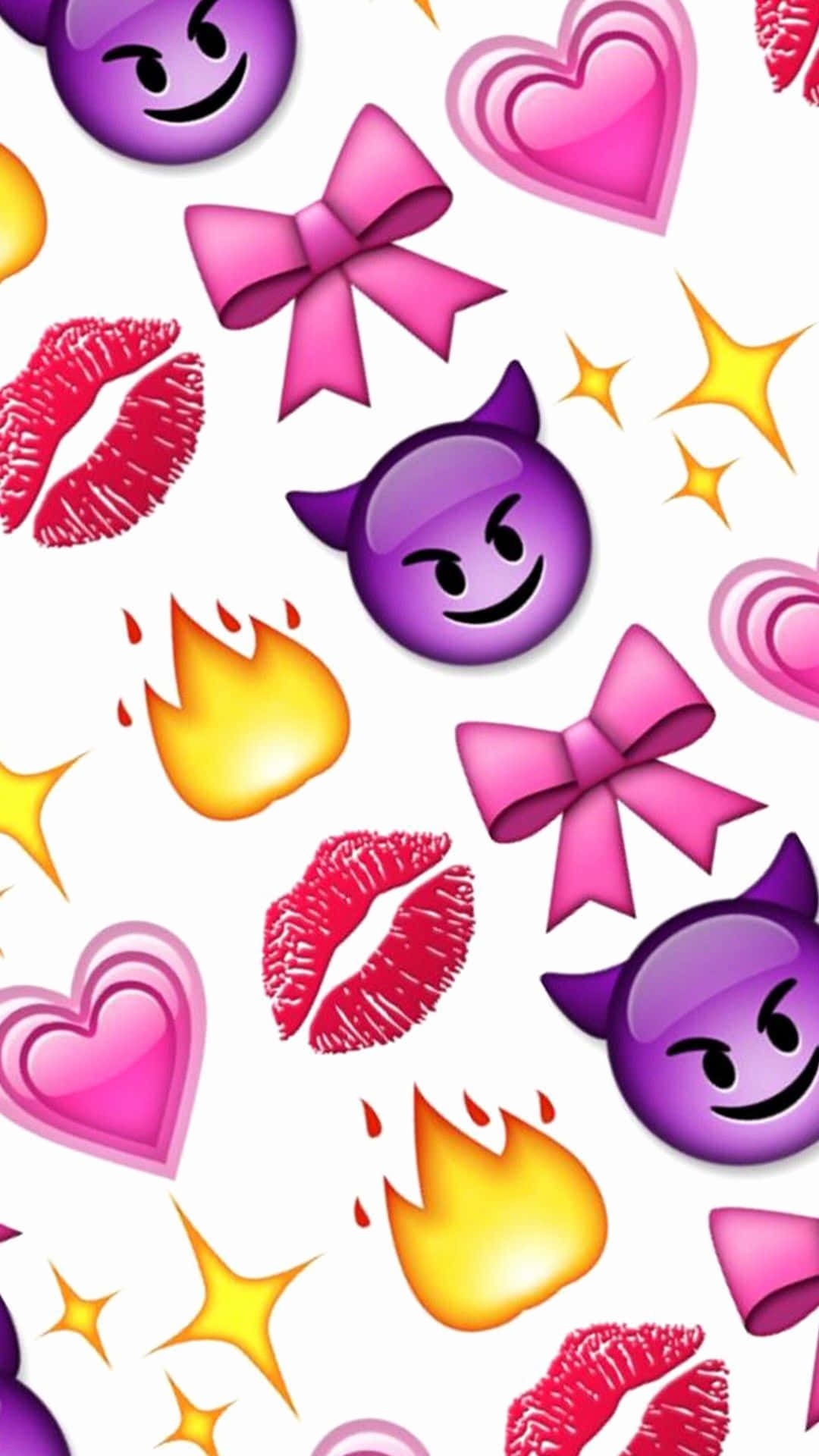iPhone Emojis 桌布 壁紙 — 充滿活力的趣味表情符號桌布，白色背景上有紫色魔鬼臉、粉紅色心形和紅色唇膏吻痕。