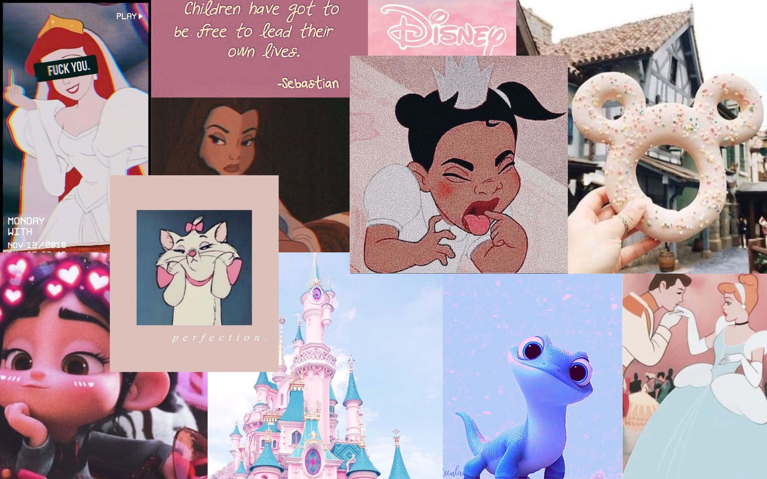 Aesthetic Disney Laptop 桌布 壁紙 — 充滿活力的迪士尼角色和標誌性時刻拼貼畫，包括公主、城堡、甜甜圈和語錄。