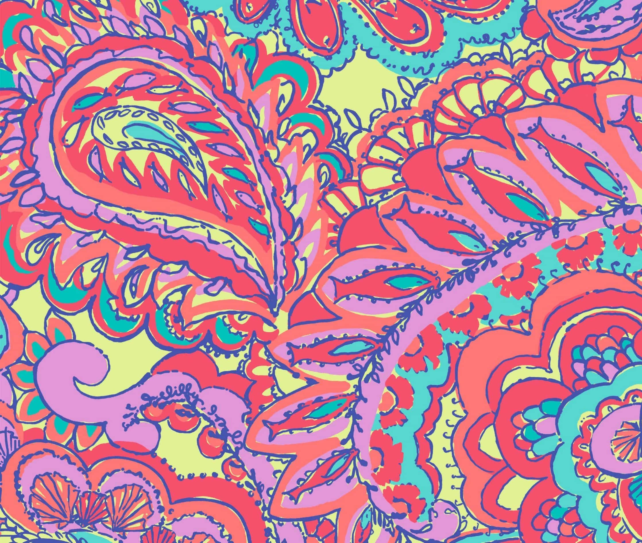 桌布 壁紙 — 充滿活力的迷幻佩斯利圖案，在萊姆綠色背景上呈現旋轉的紅色、粉紅色和藍綠色形狀。