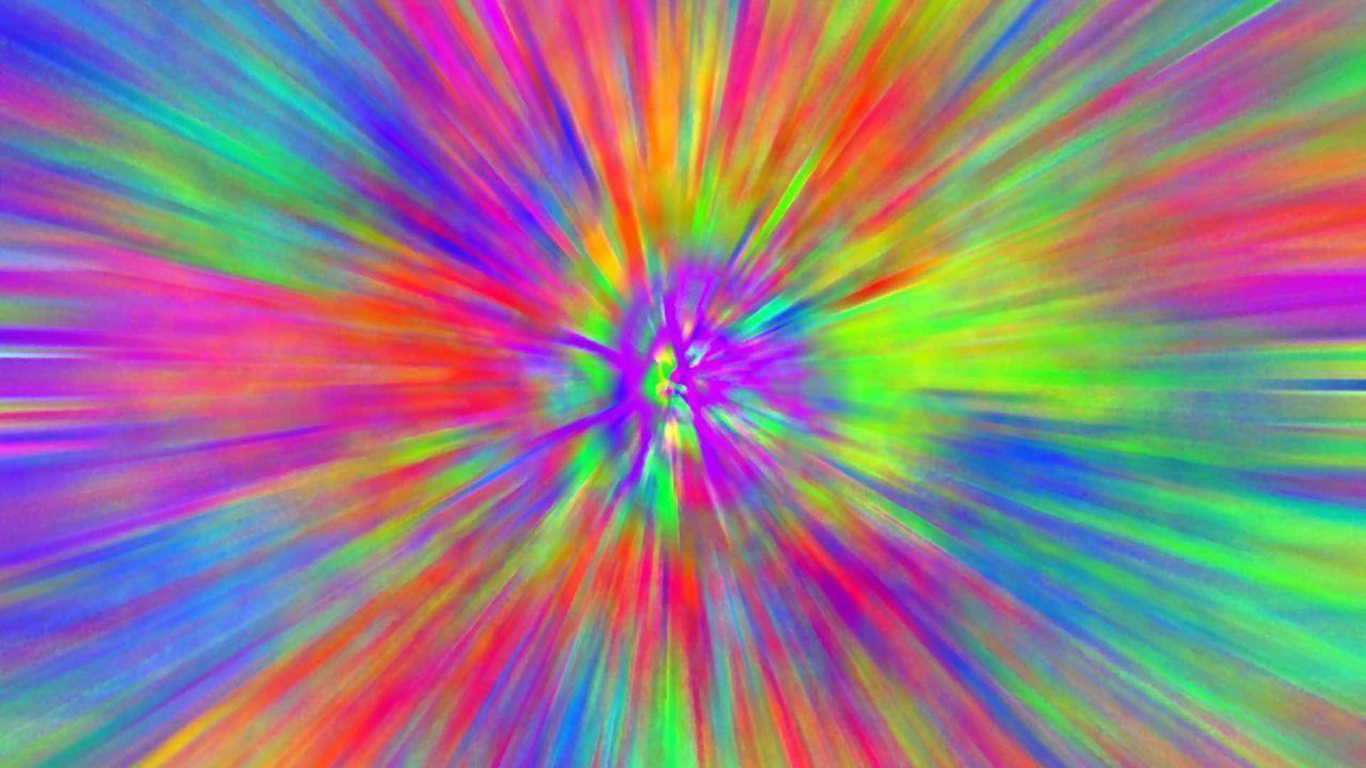 High Resolution Tie Dye 桌布 壁紙 — 充滿活力的迷幻光線從中心點爆炸，形成萬花筒般的彩虹色彩爆發。