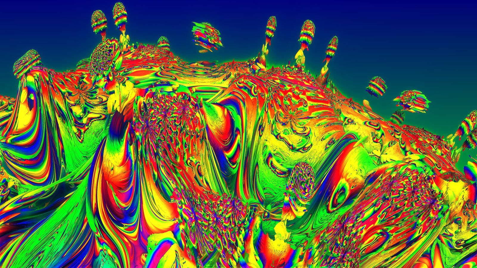Psychedelic Mushroom 桌布 壁紙 — 充滿活力的迷幻分形景觀，帶有旋轉的霓虹色彩和漂浮的有機形態，背景是深藍色漸變天空。