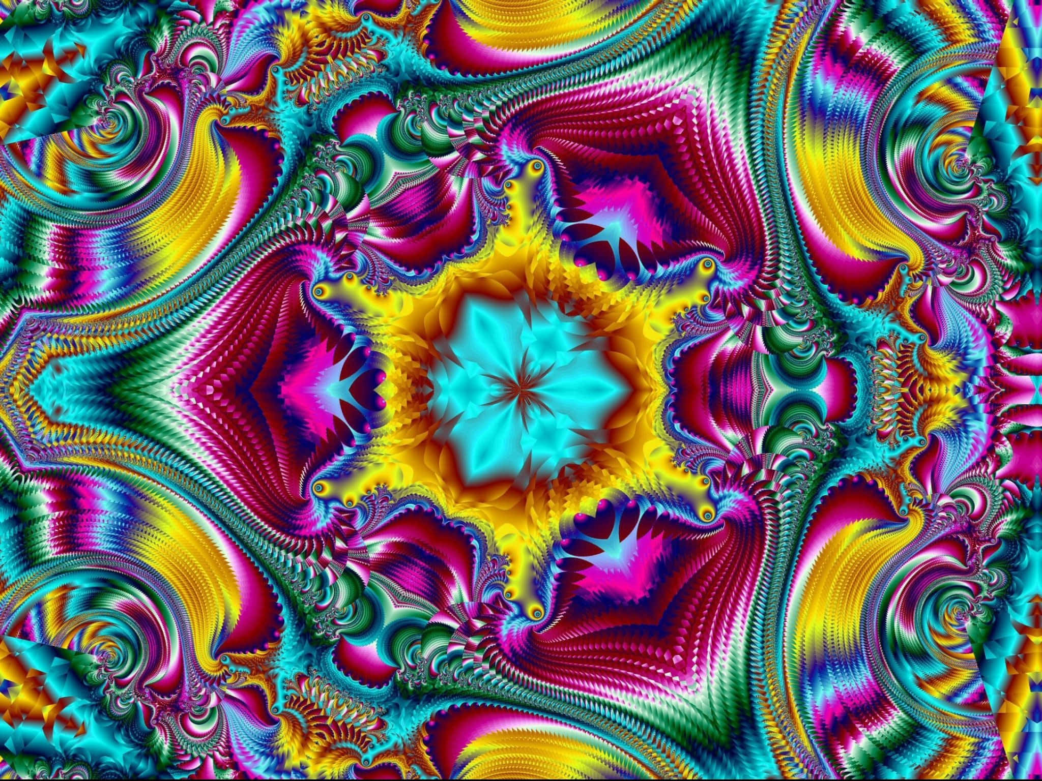 抽象藝術動圖 桌布 壁紙 — 充滿活力的迷幻分形藝術從中央的星爆中散發出來，帶有旋轉的霓虹色彩和複雜的重複圖案。