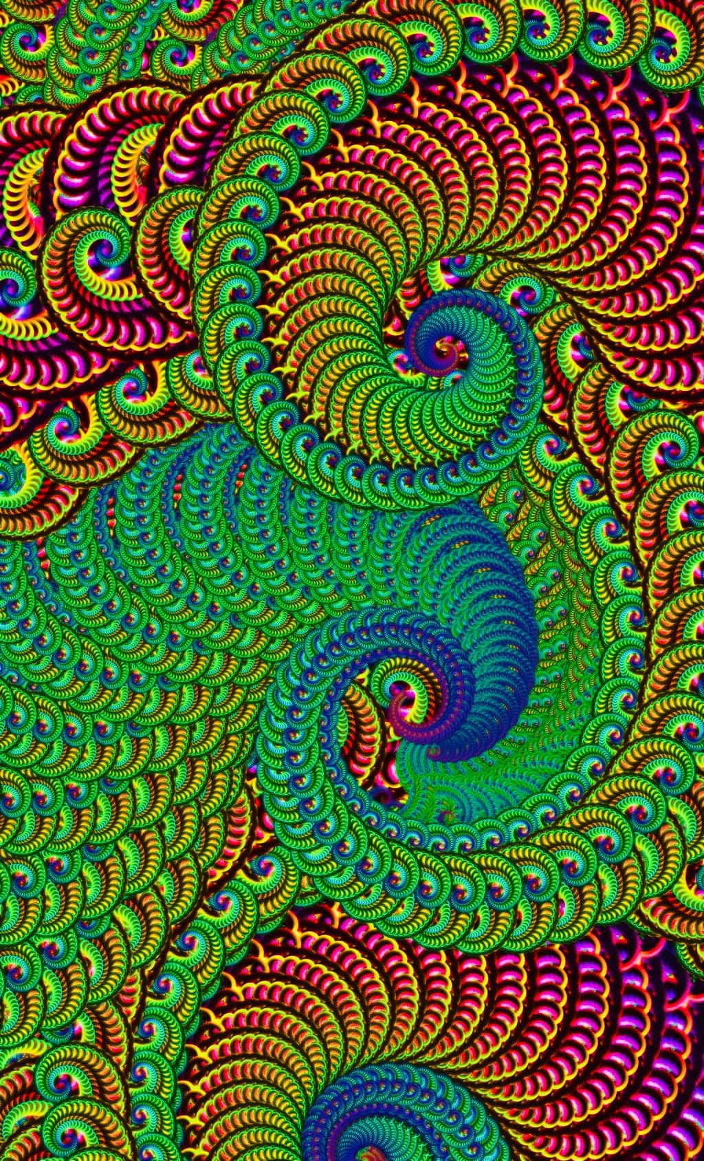 Trippy Fractals 桌布 壁紙 — 充滿活力的迷幻分形螺旋，以霓虹綠、紫和黃色創造出迷人的催眠圖案。