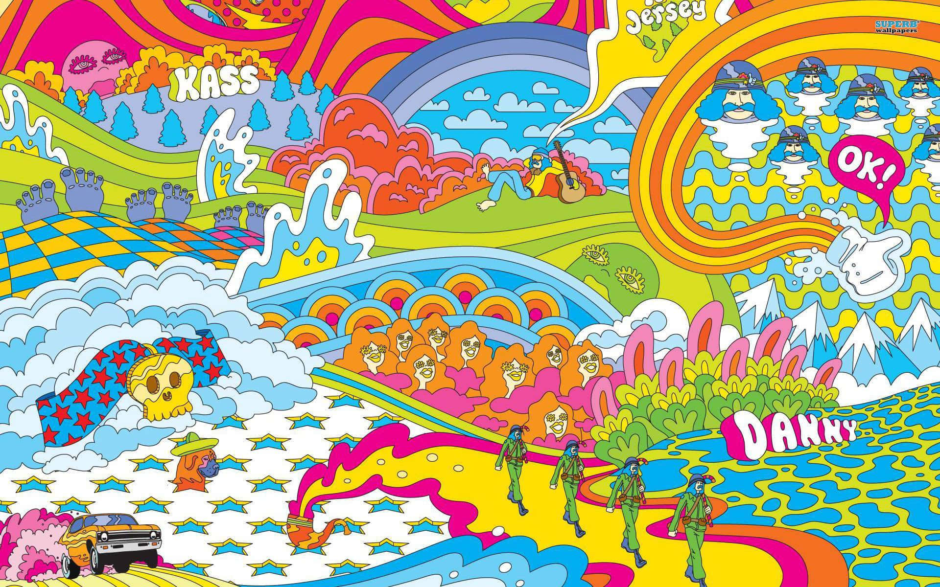 嬉皮 桌布 壁紙 — 充滿活力的迷幻卡通風景，有彩虹山丘、行進的士兵和漂浮的角色，在超現實、色彩繽紛的世界中。