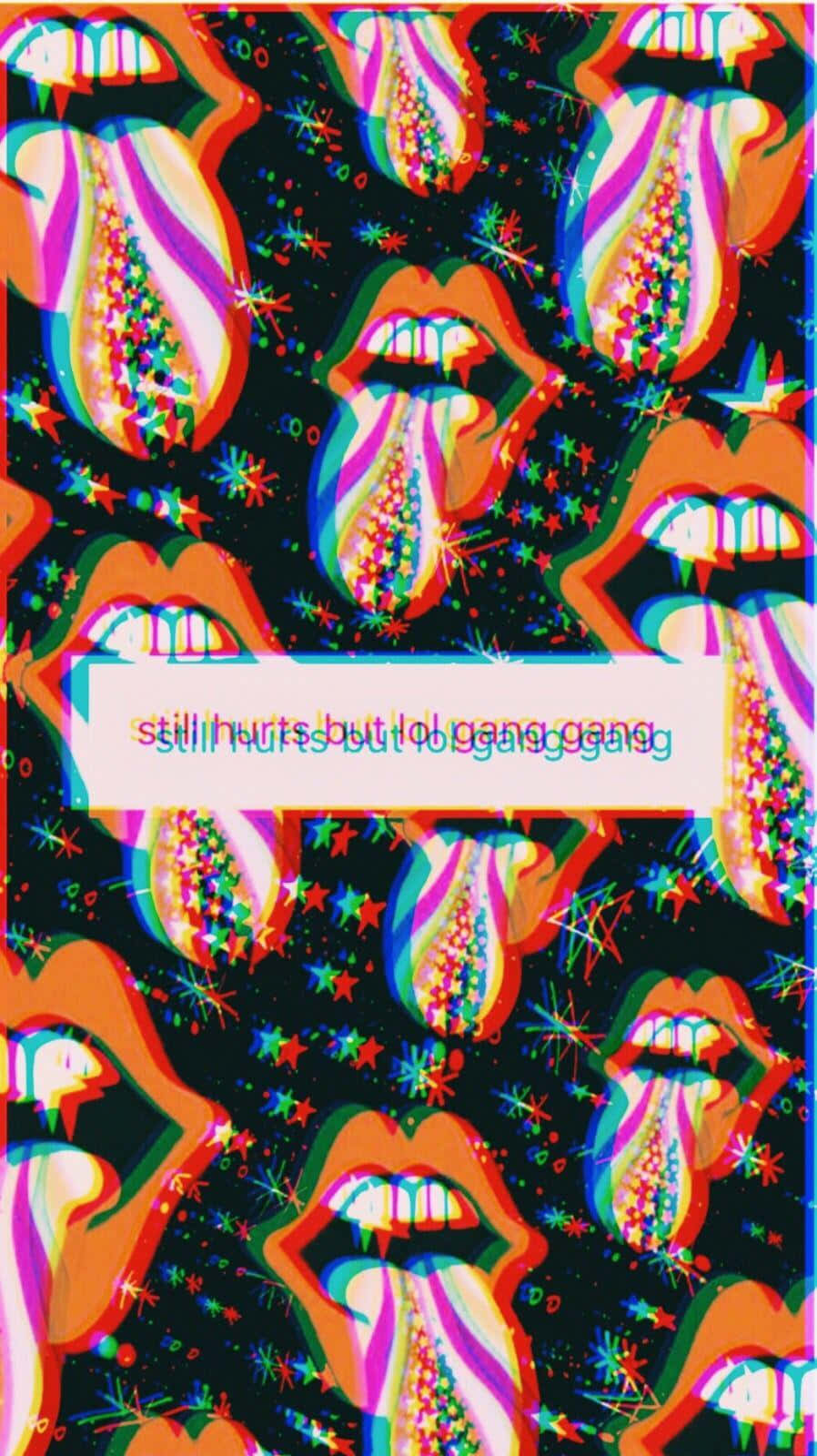 Trippy Neon Lights 桌布 壁紙 — 充滿活力的迷幻嘴唇，帶有彩虹舌頭和星爆，黑色背景上帶有故障文字。