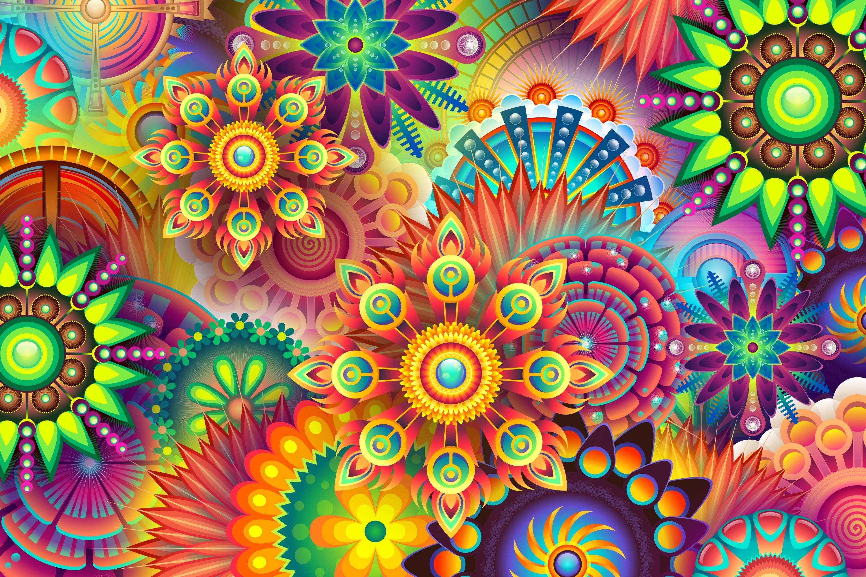 vector 桌布 壁紙 — 充滿活力的迷幻圖案，包含發光的幾何花朵和螺旋，採用霓虹色彩。