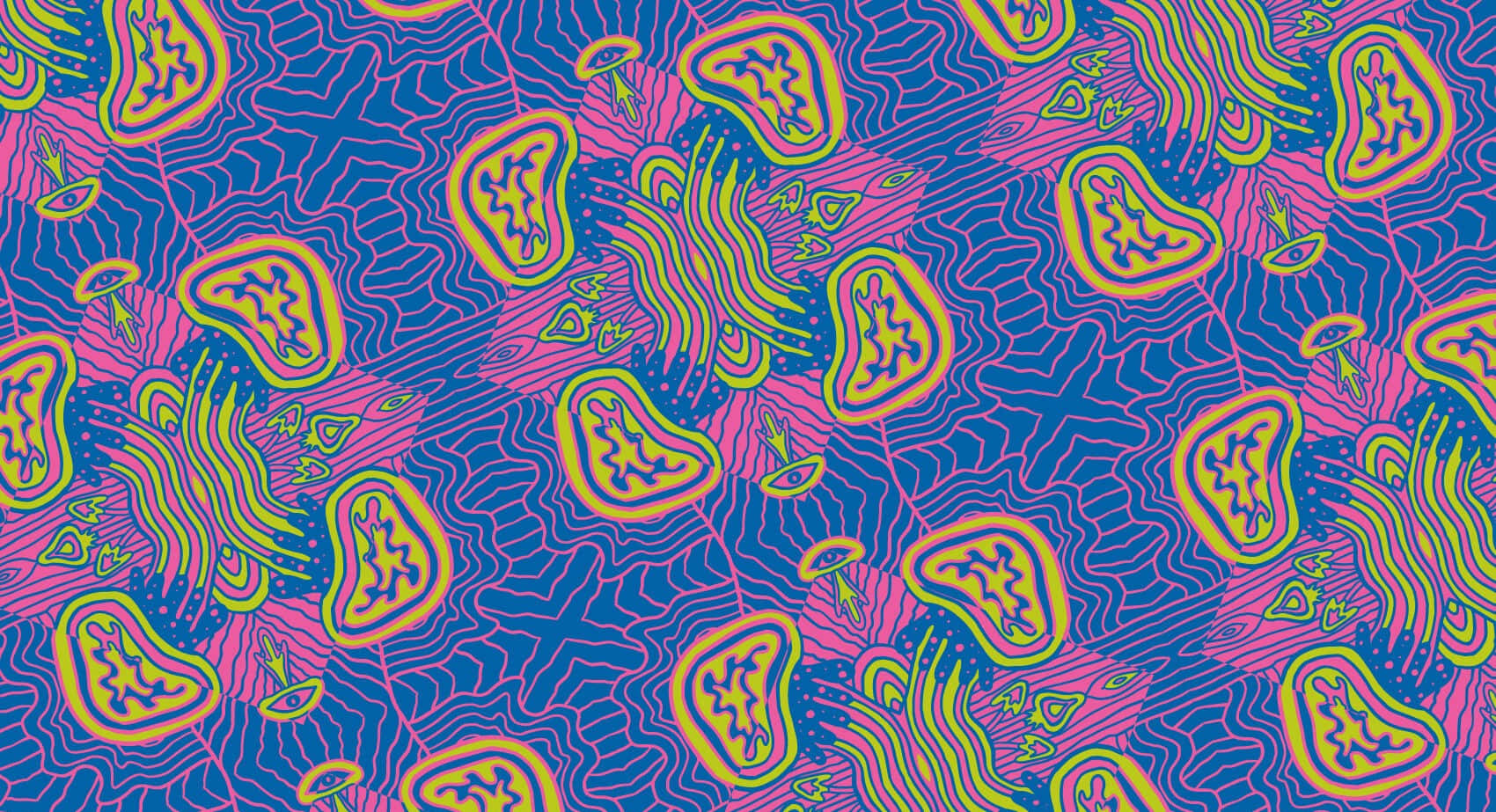 Trippy Mushrooms 桌布 壁紙 — 充滿活力的迷幻圖案，在漩渦背景上呈現螢光粉紅、黃色和藍色的抽象形狀。