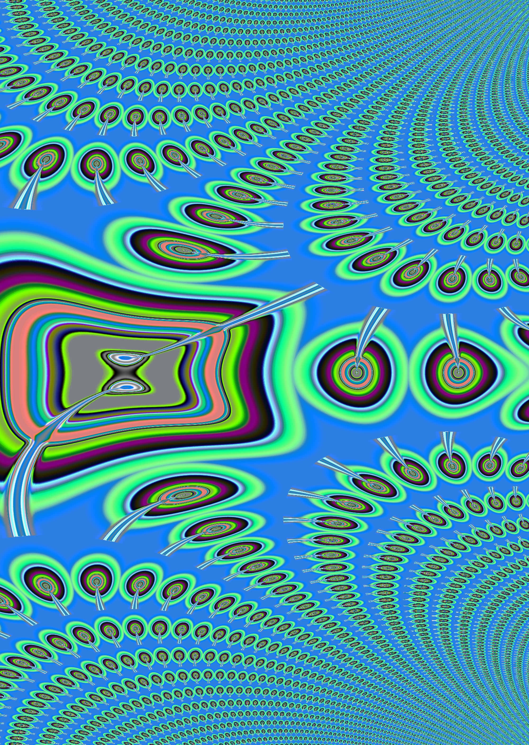 Trippy Blue 桌布 壁紙 — 充滿活力的迷幻圖案，帶有旋轉的同心圓和波浪狀的霓虹色帶，背景為藍色漸變。