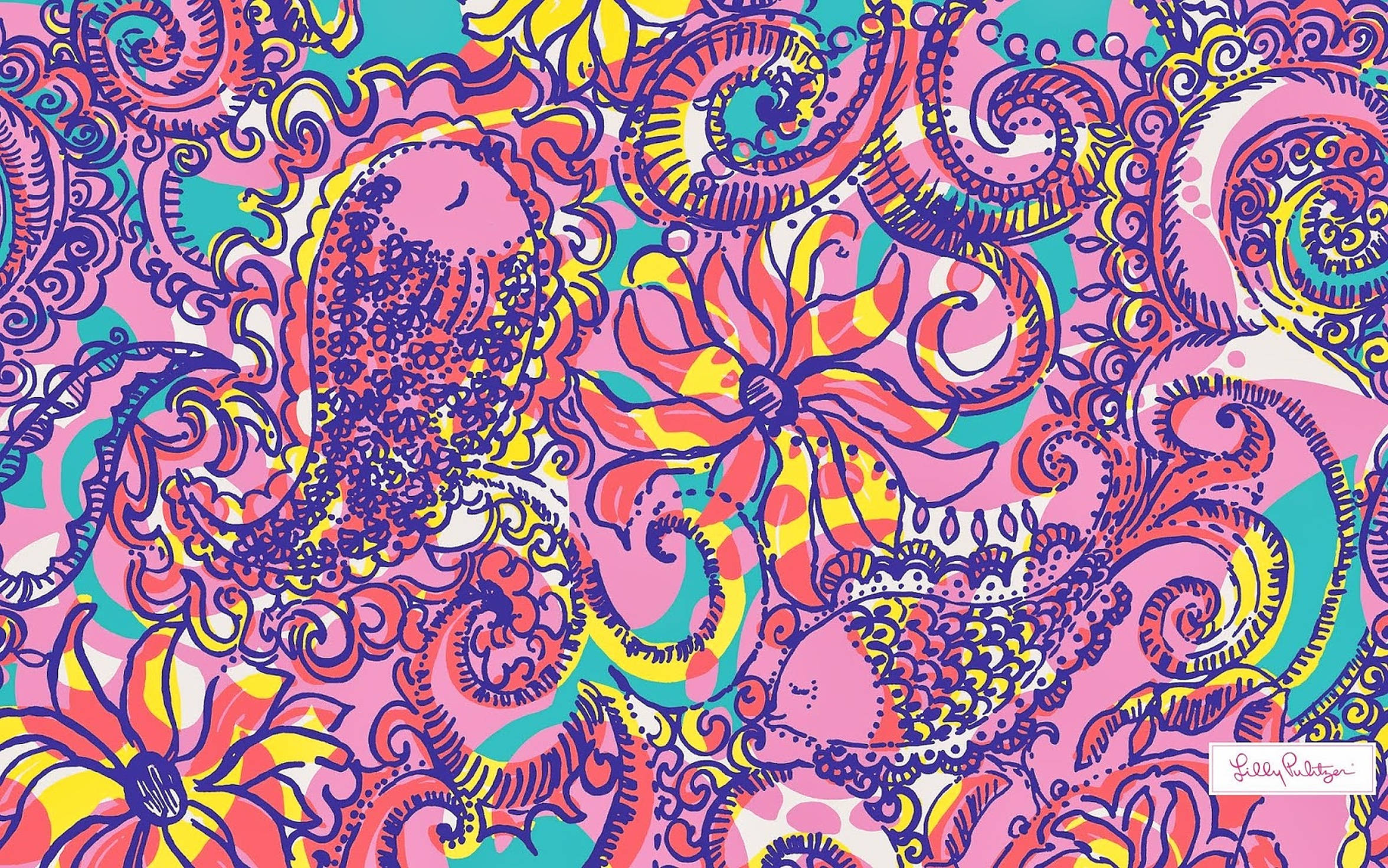 lilly 桌布 壁紙 — 充滿活力的迷幻圖案，帶有漩渦狀的佩斯利和花卉圖案，採用大膽的粉紅色、黃色和藍綠色調。