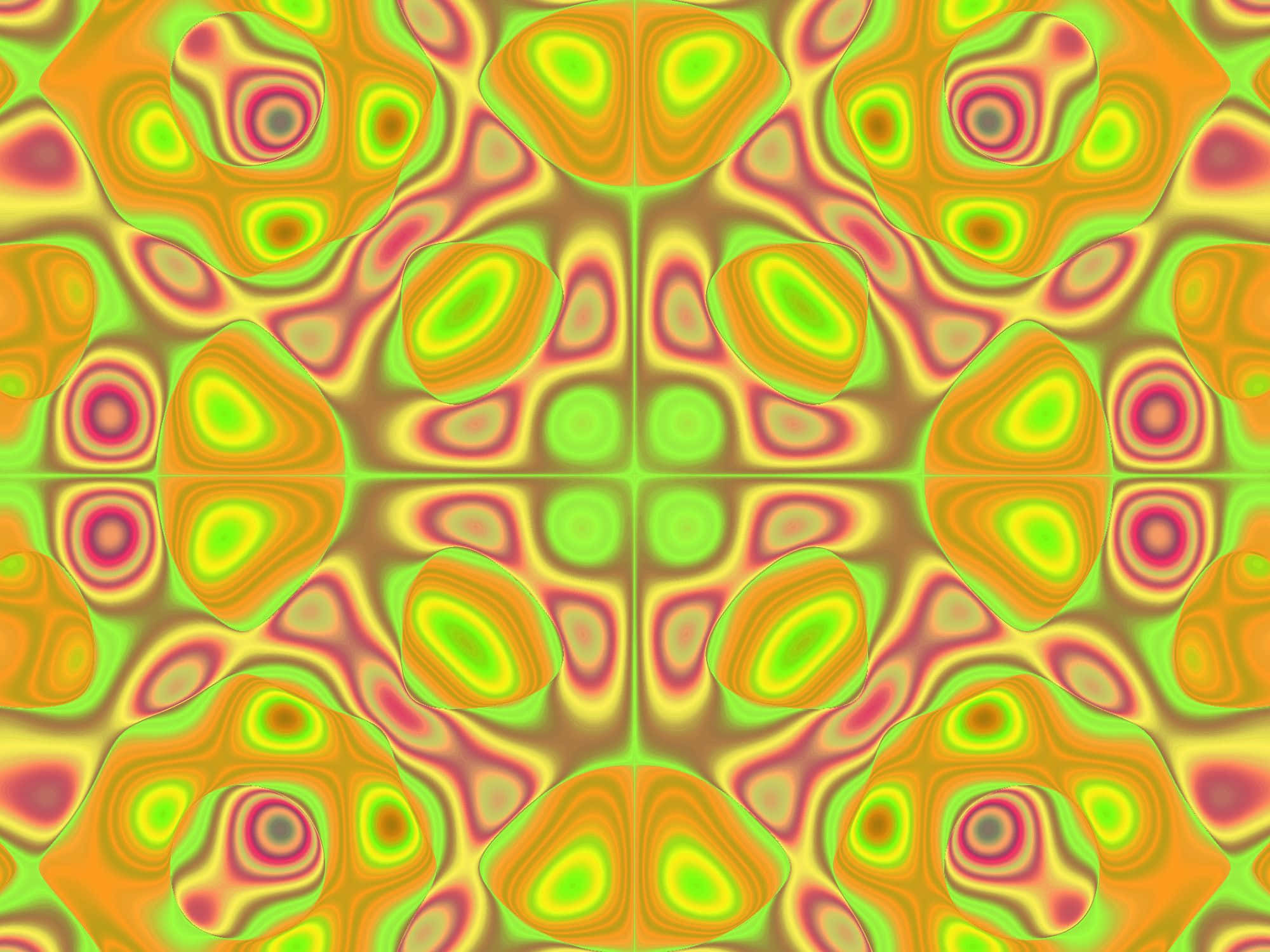 Psychedelic 70s Aesthetic 桌布 壁紙 — 充滿活力的迷幻圖案，帶有發光的綠色、黃色和粉紅色有機形狀，呈現萬花筒般的對稱。