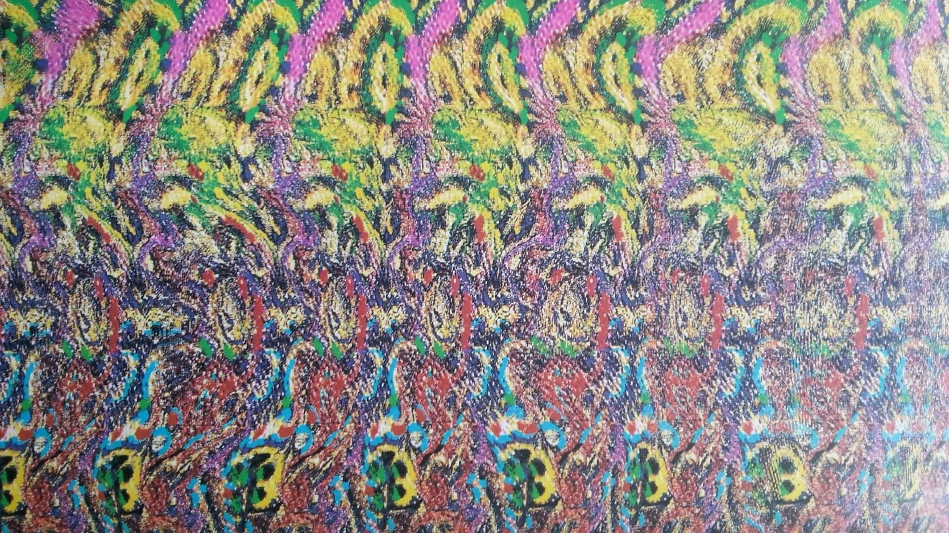 Magic Eye 桌布 壁紙 — 充滿活力的迷幻圖案，帶有重複的抽象形狀，採用大膽的顏色，如紫色、黃色、綠色和紅色。