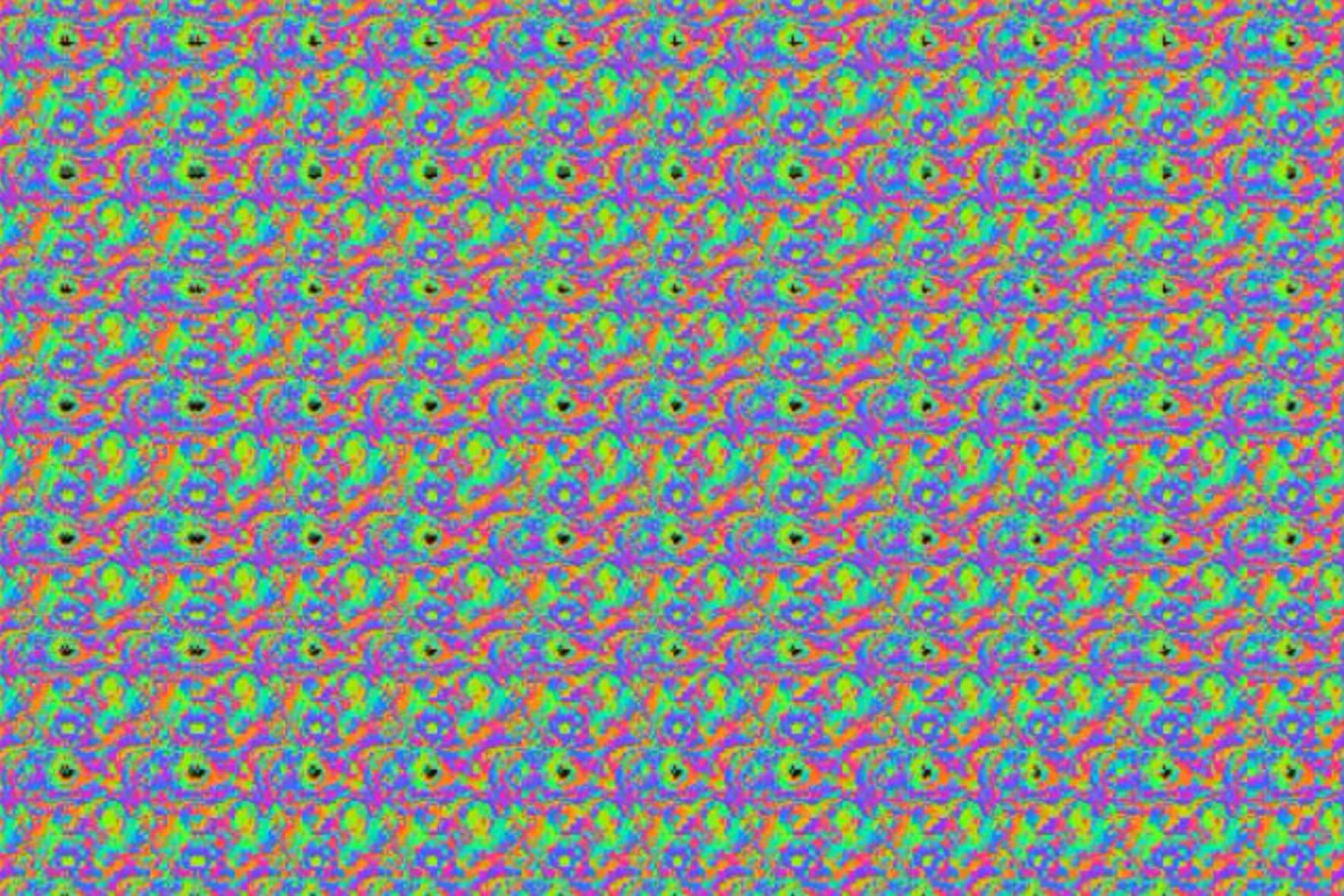 Magic Eye 桌布 壁紙 — 充滿活力的迷幻圖案，帶有重複的漩渦圖案和發光的霓虹色彩。