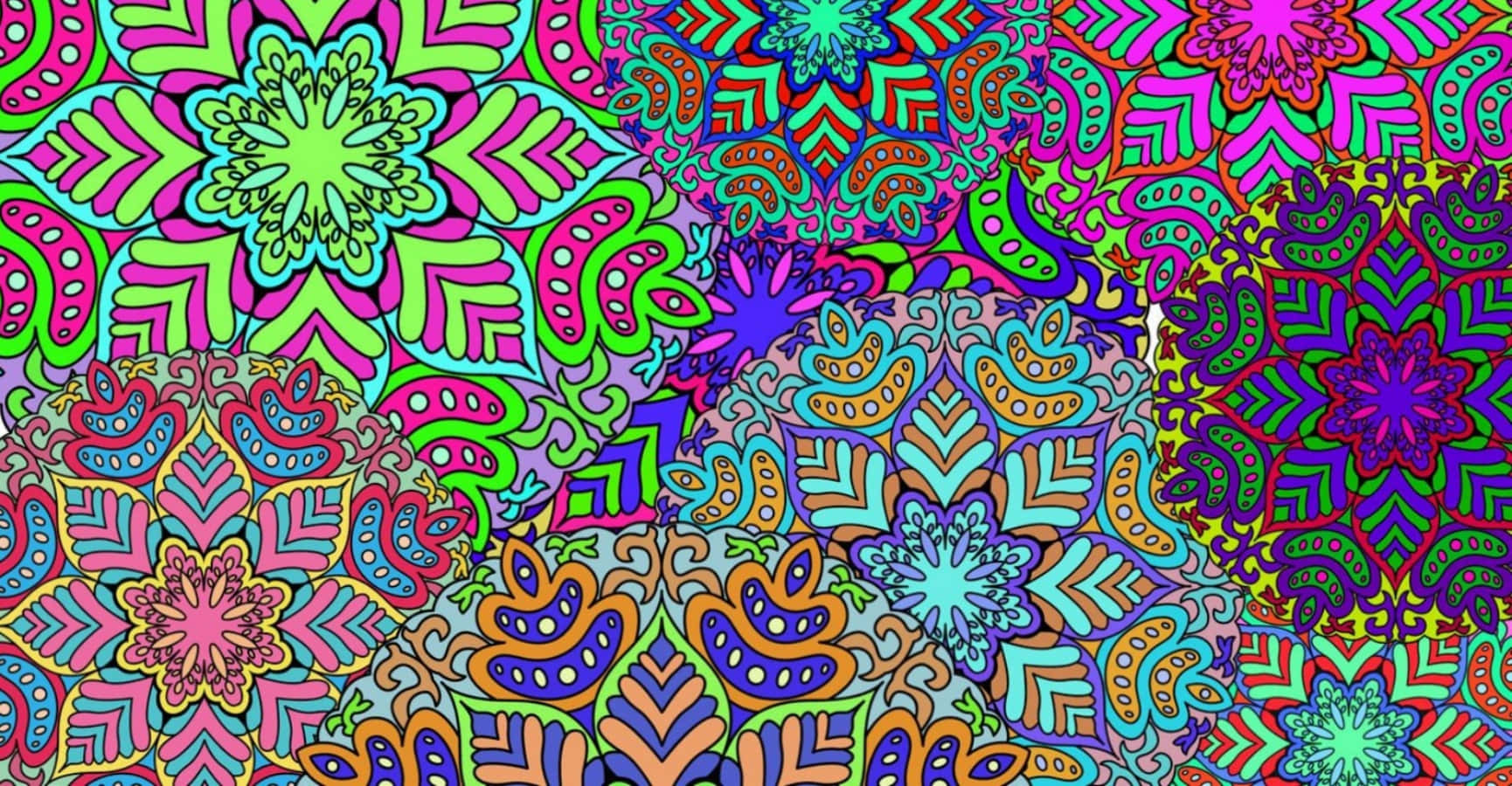 彩色動圖 桌布 壁紙 — 充滿活力的迷幻圖案，帶有鮮豔的霓虹花朵和電光色彩的幾何形狀。