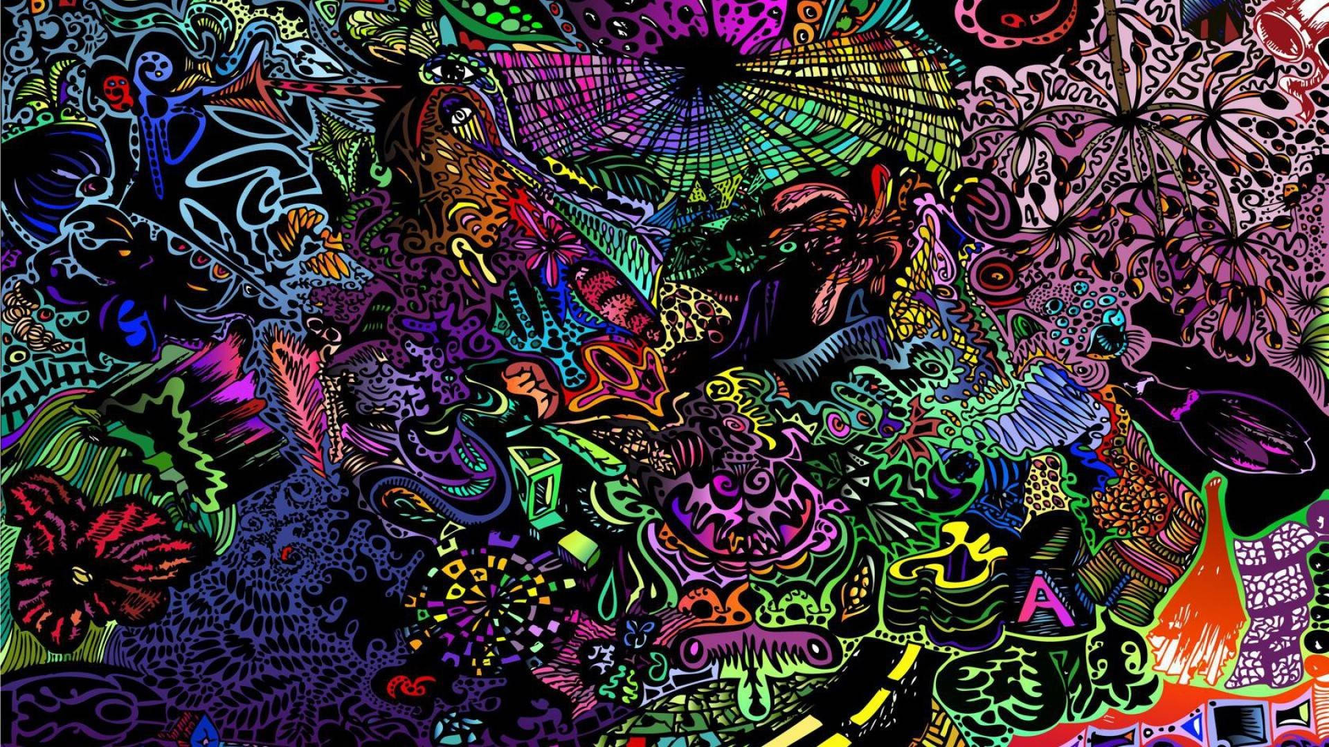 Folk Art 桌布 壁紙 — 充滿活力的迷幻圖案在黑暗背景上以霓虹色調旋轉，營造出混亂而迷人的視覺爆炸。