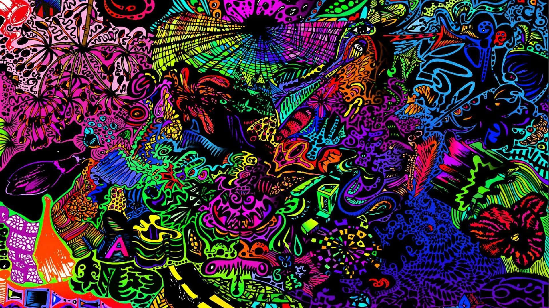桌布 壁紙 — 充滿活力的迷幻圖案在黑色背景上以霓虹色調爆發，營造出混亂而充滿能量的視覺盛宴。