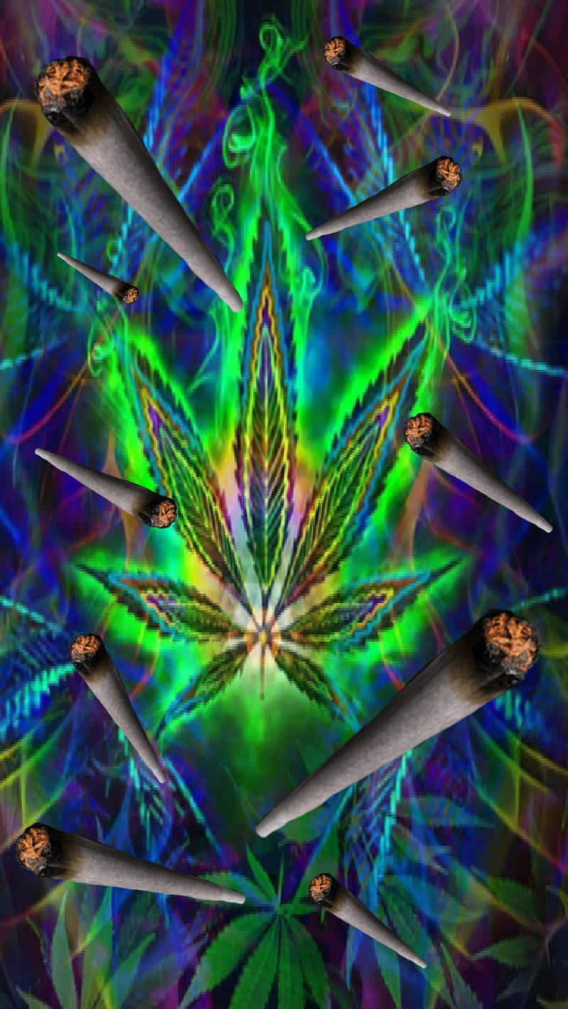 迷幻動圖 桌布 壁紙 — 充滿活力的迷幻壁紙，帶有發光的綠色大麻葉和漂浮的關節，背景是旋轉的霓虹圖案。